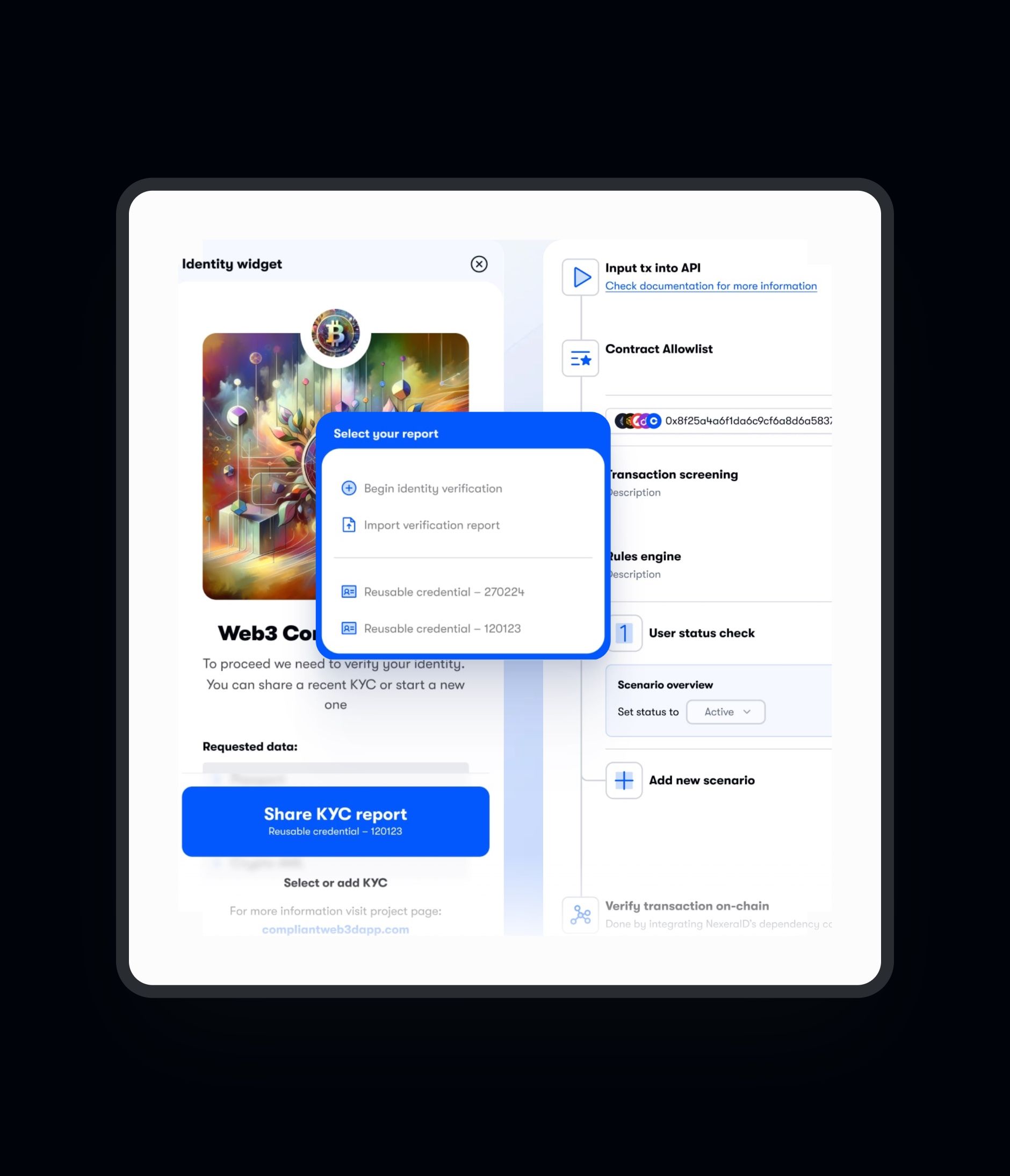 Illustration KYC de ComPilot : widget d'identité et scénario de vérification on-chain, sur fond encre