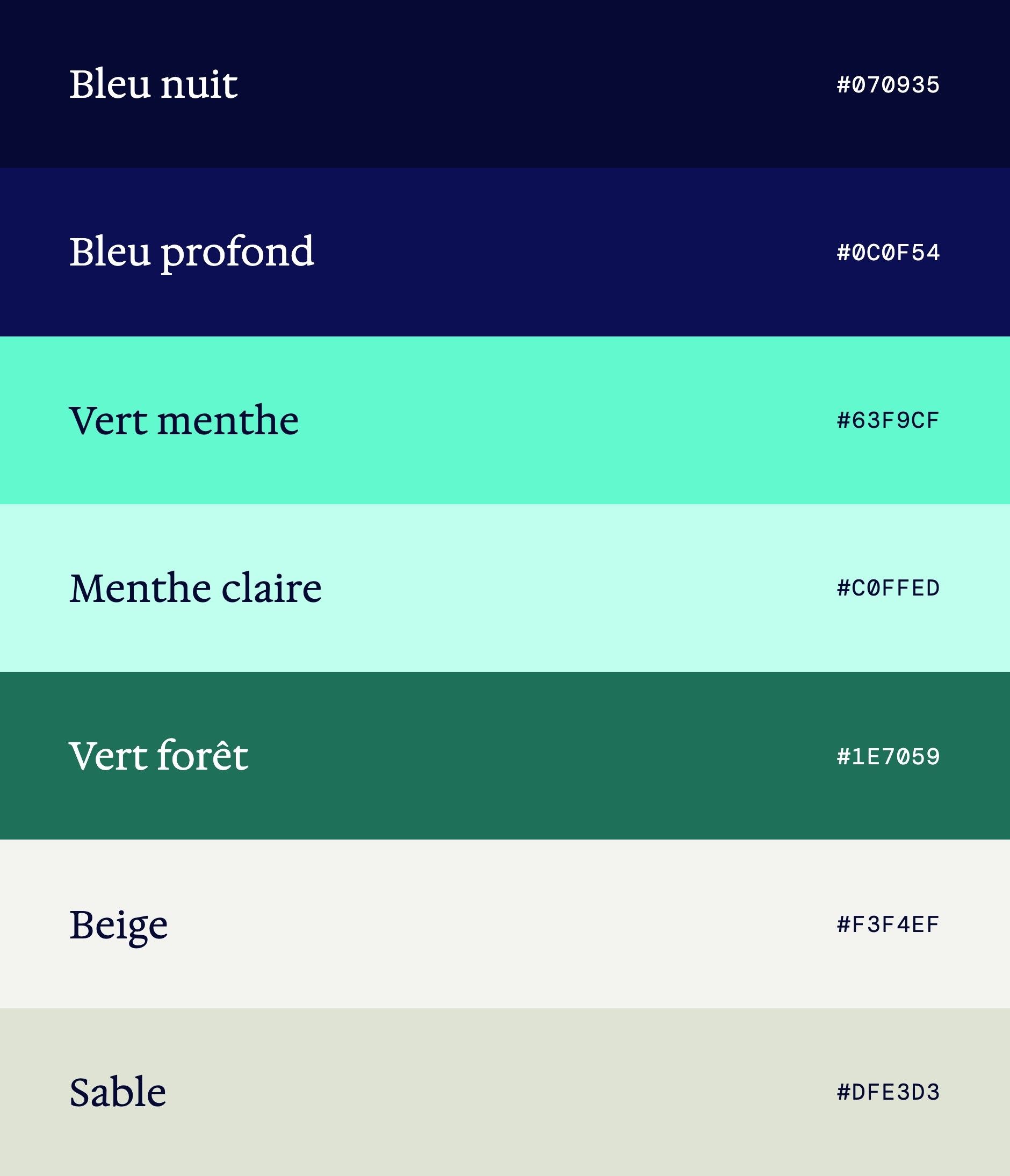 Klima School palette: midnight blue, deep blue, mint green, light mint, forest green, beige and sand
