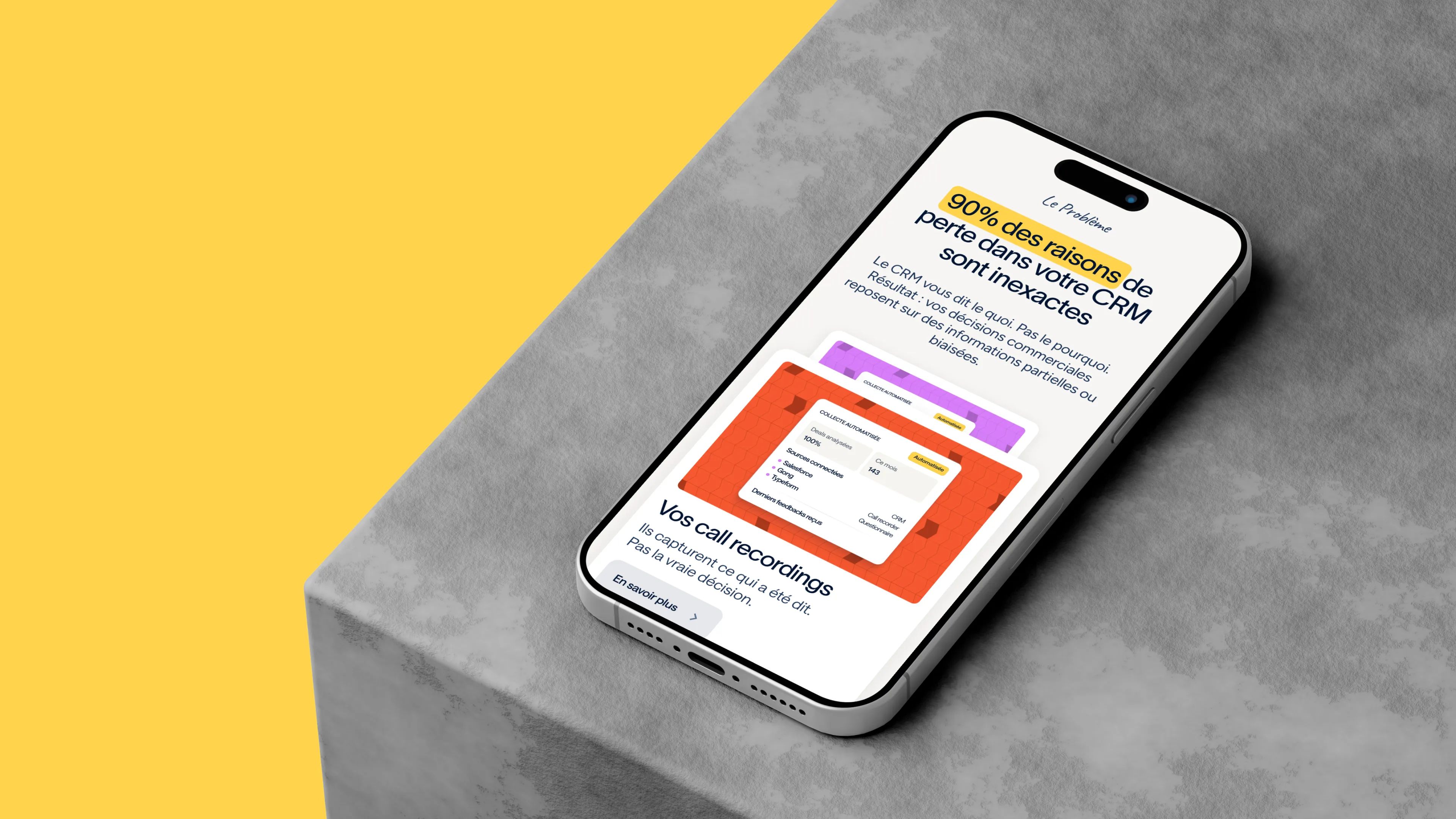 Diffly website on a phone: “90% of loss reasons in your CRM are inaccurate,” on a gray concrete block