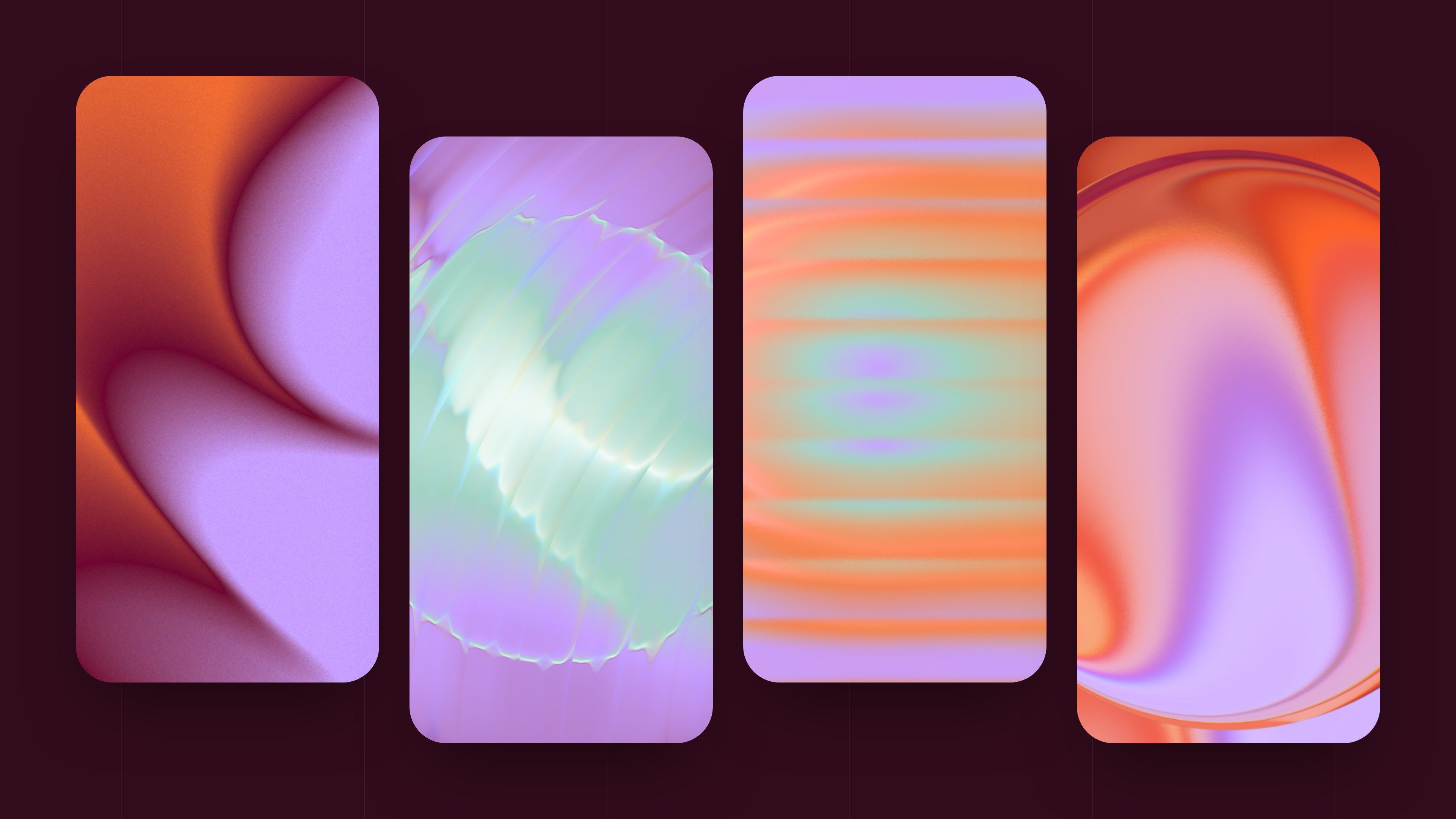 Four fluid Unow brand gradients in rounded panels on a plum background