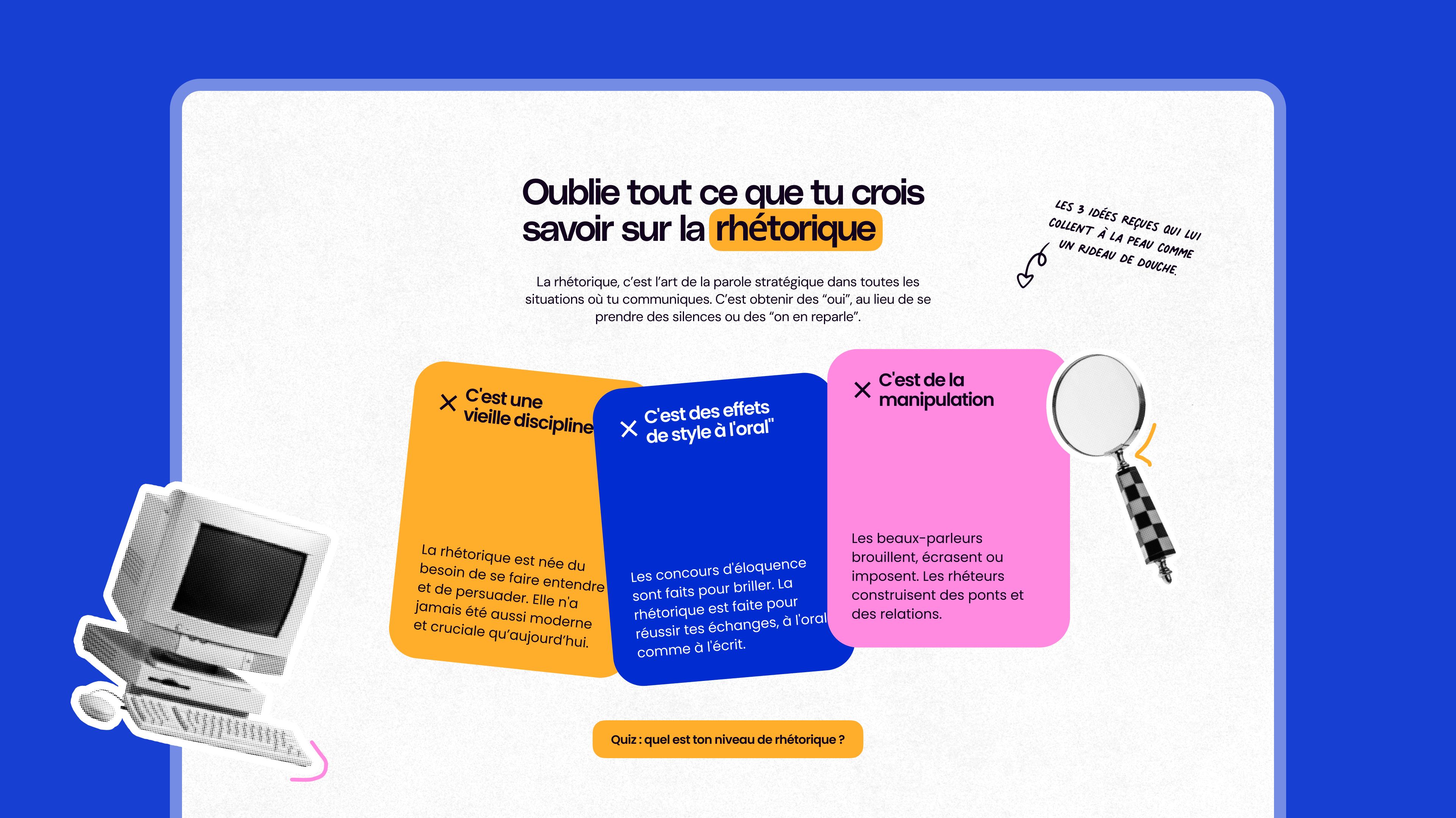 Section du site Panache « Oublie tout ce que tu crois savoir sur la rhétorique » avec trois cartes d’idées reçues