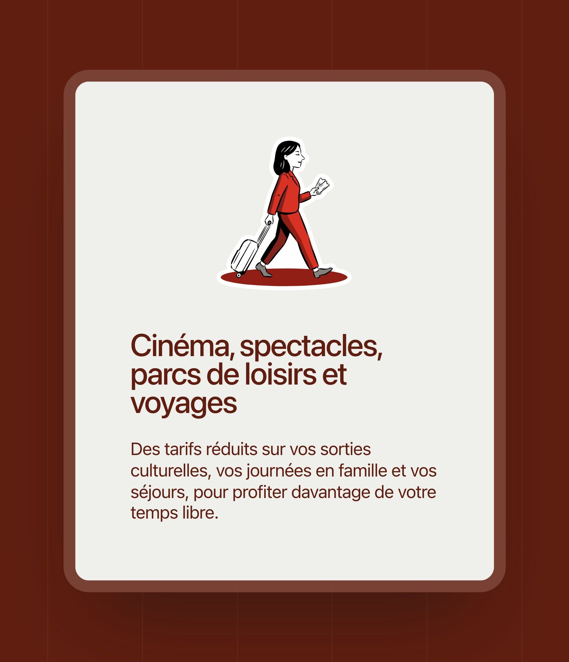“Cinema, shows, theme parks and travel” card and its illustrated character