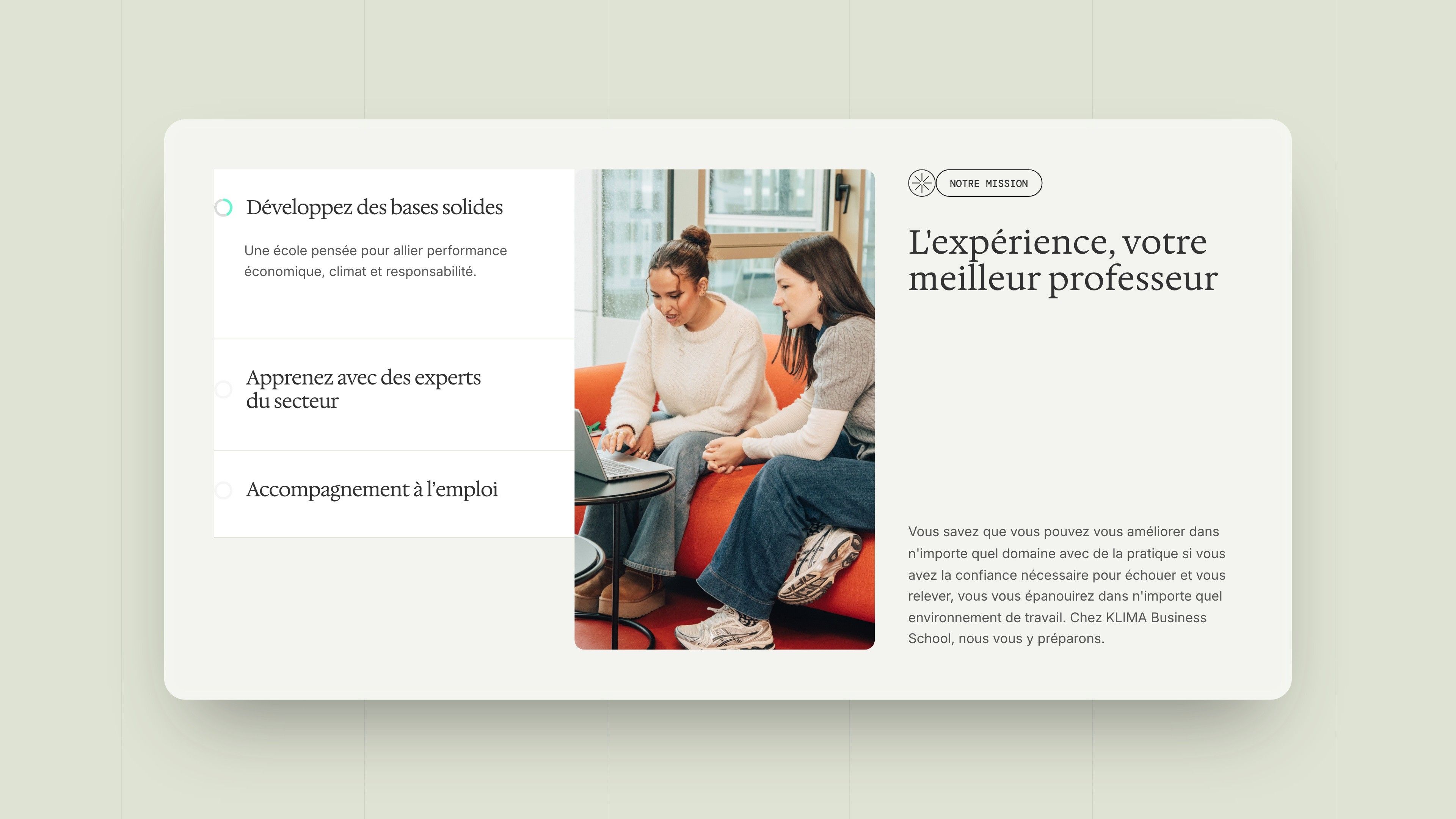 Teaching approach in three tabs: Build solid foundations, Learn with industry experts, Career support