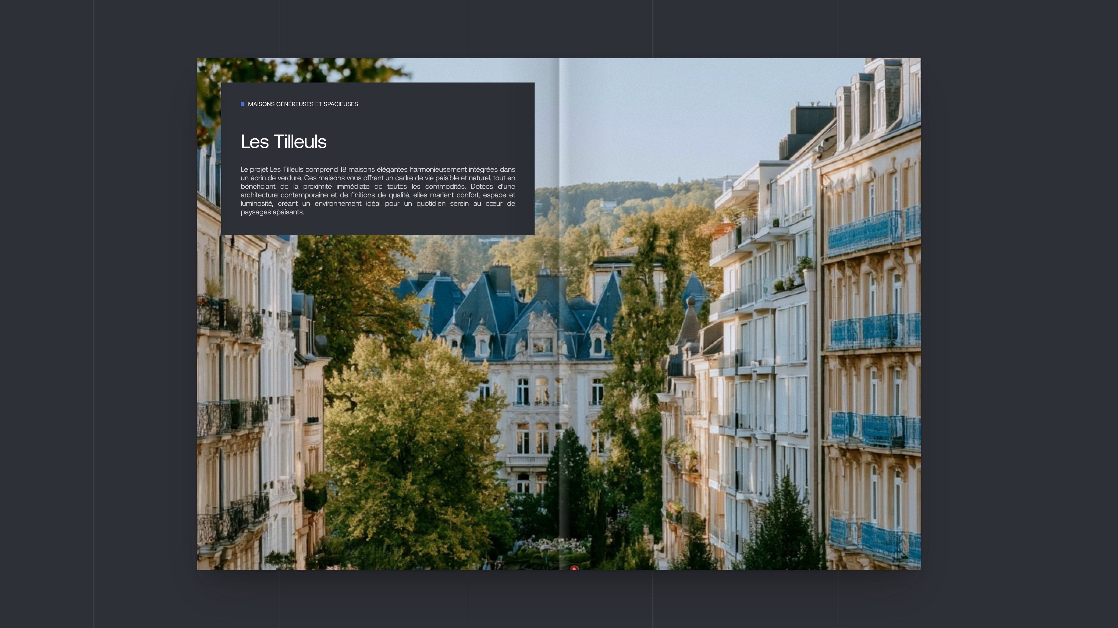 “Les Tilleuls” spread from the brochure, large photo of façades, on a slate background