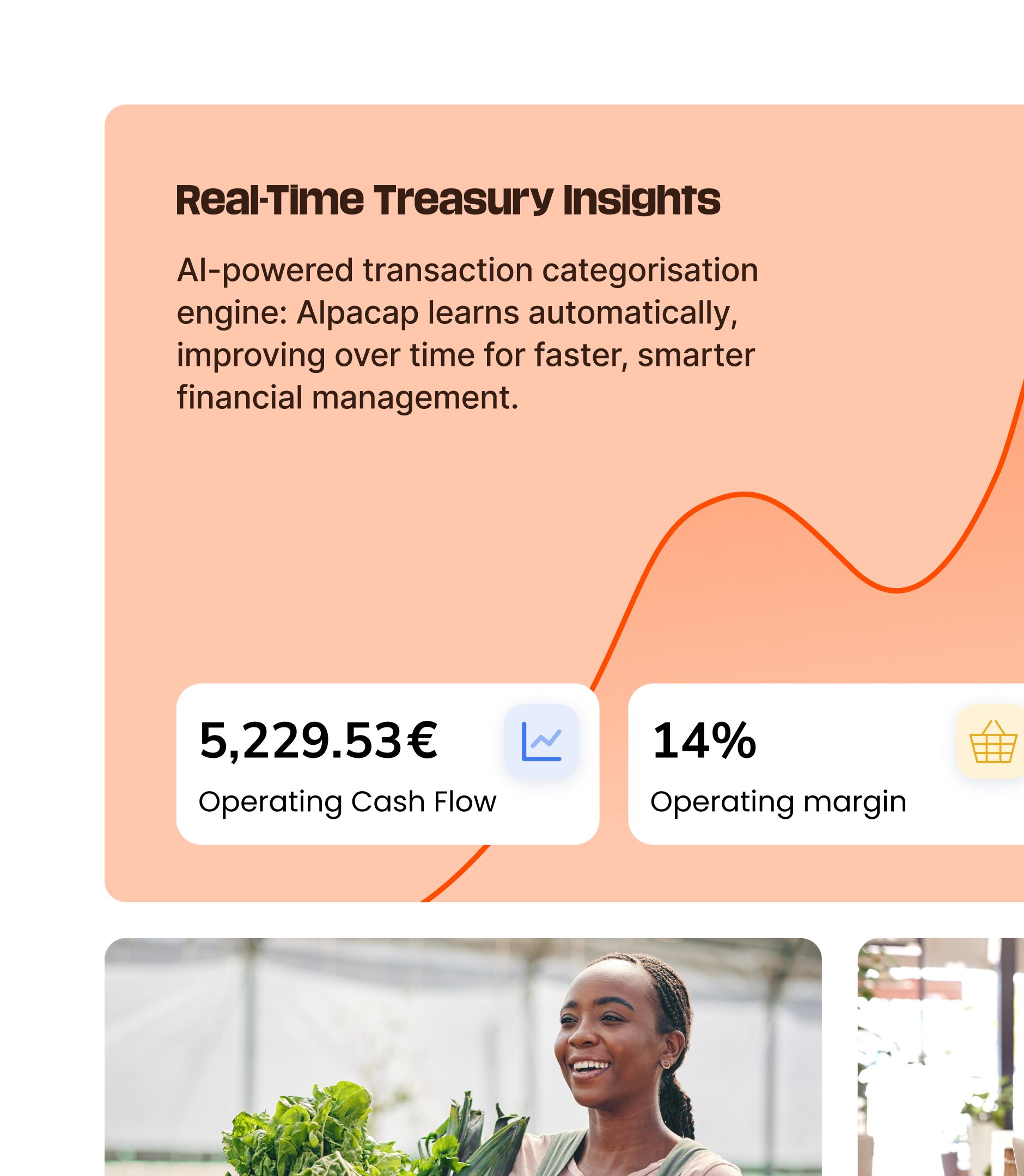 Section du site Alpacap « Real-Time Treasury Insights » : courbe orange, cartes cash flow 5 229,53 € et marge 14 %, photo