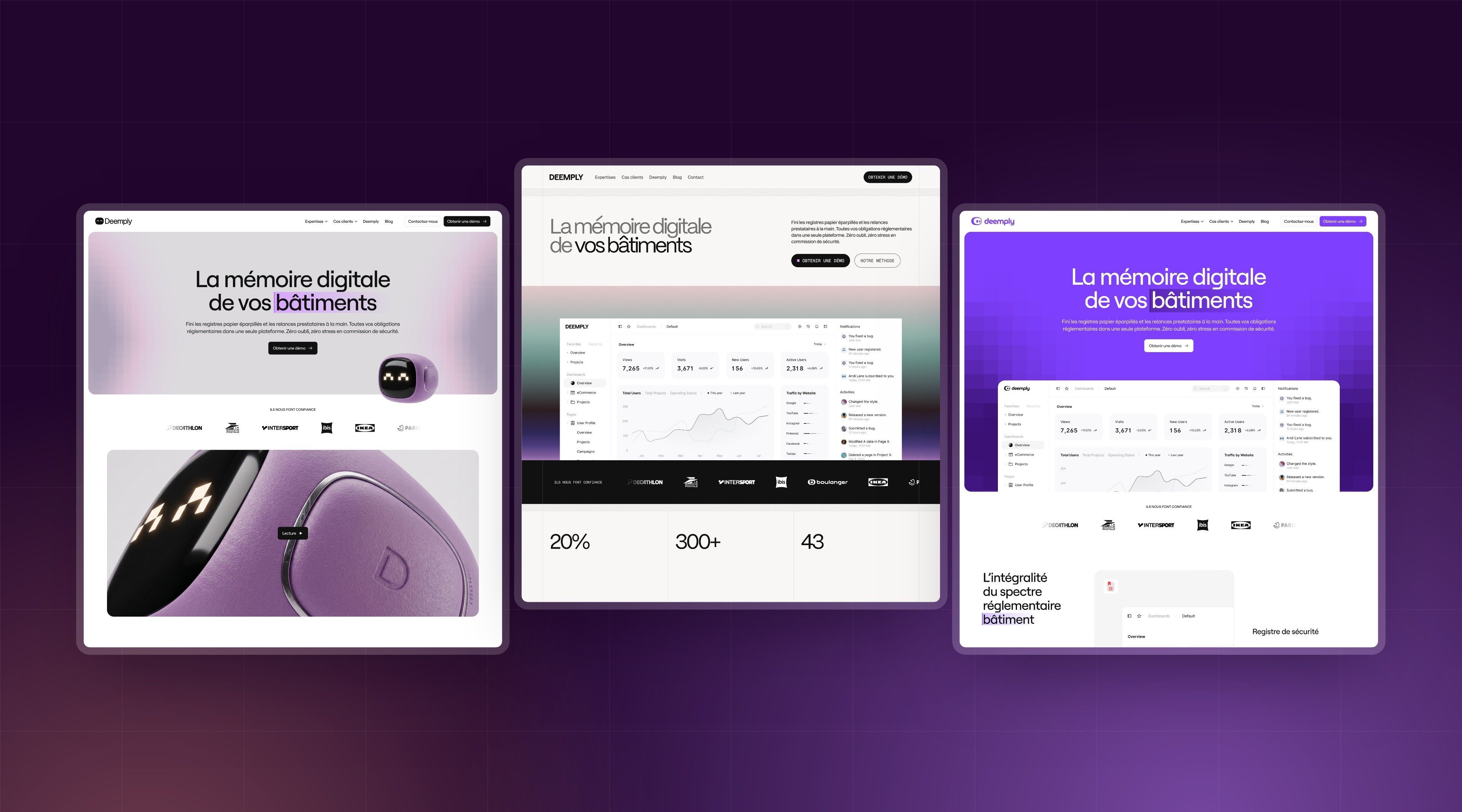 The three home page directions explored for Deemply, side by side on a dark purple background