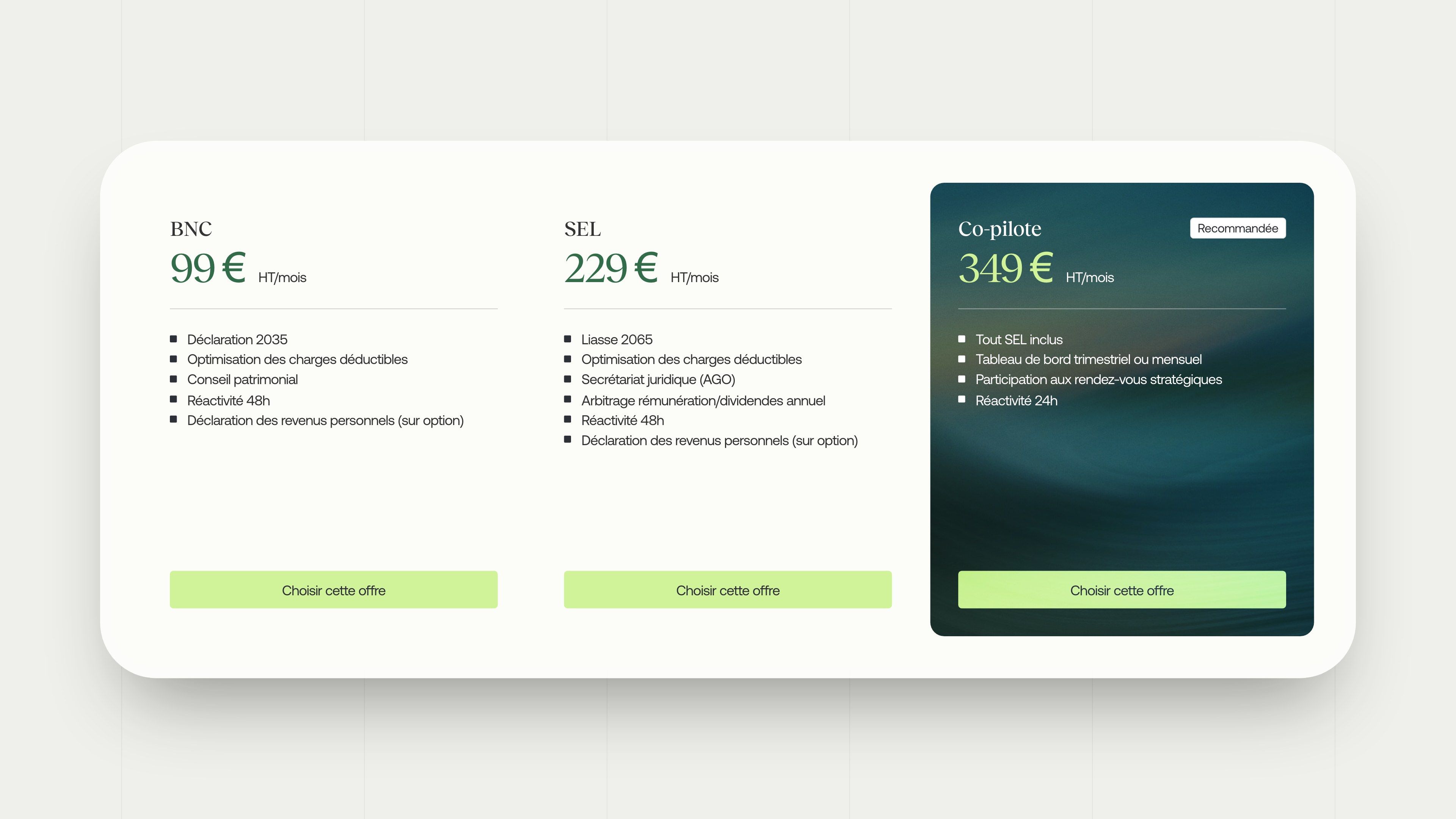 Grid of the three offers on the GP page: BNC, SEL and Co-pilot