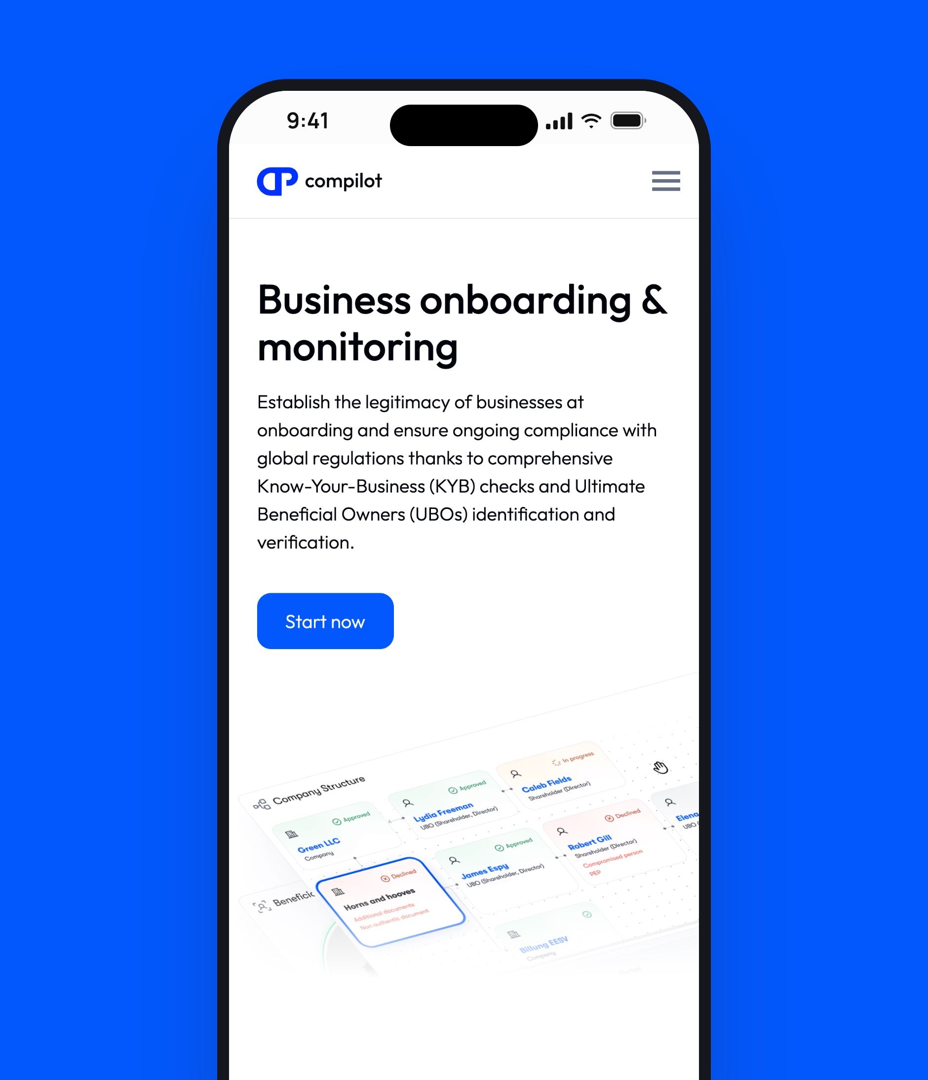 iPhone dont la page défile, sur fond bleu, ouvert sur la page mobile Business Verification de ComPilot