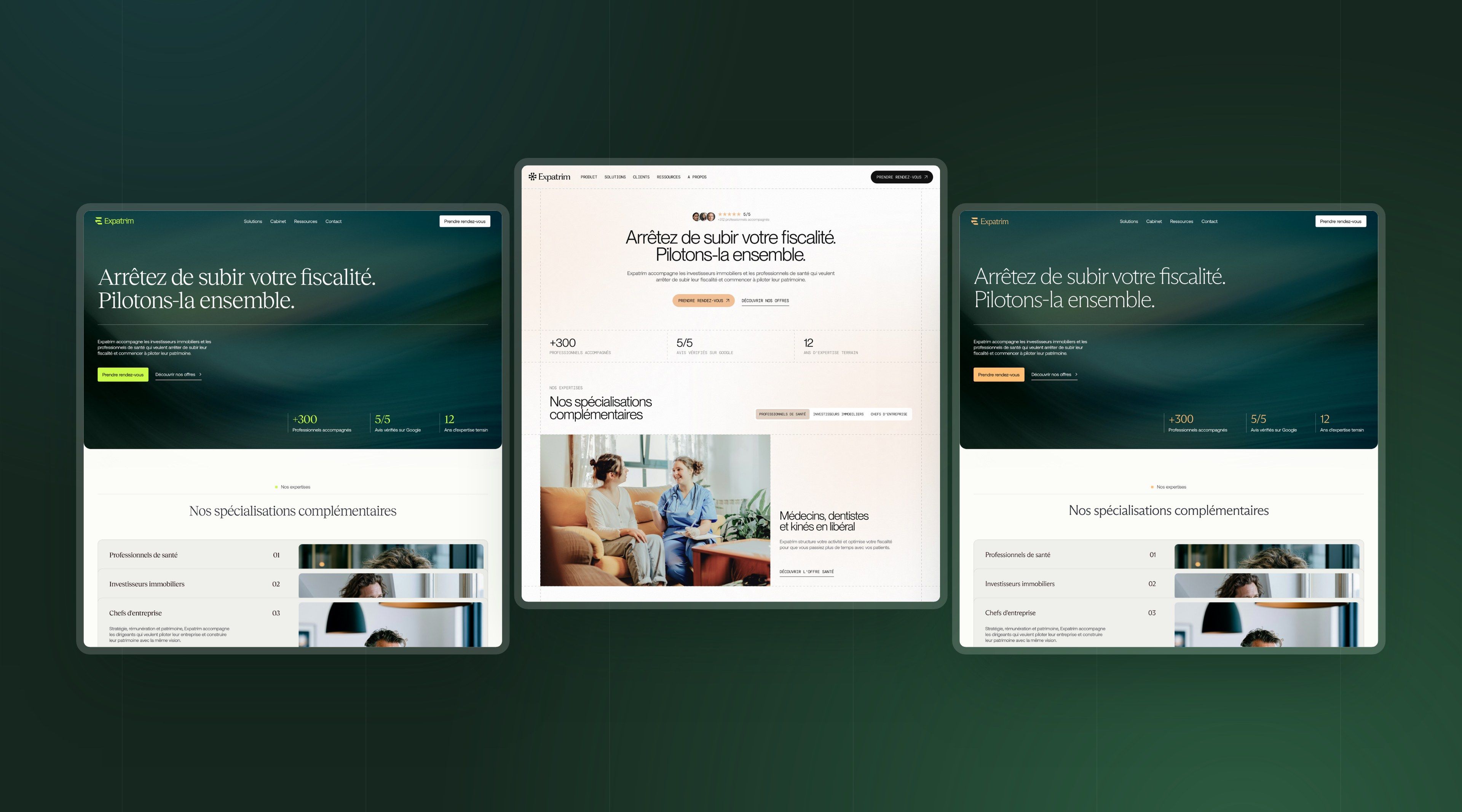 The home page directions explored for Expatrim, side by side on a deep green background