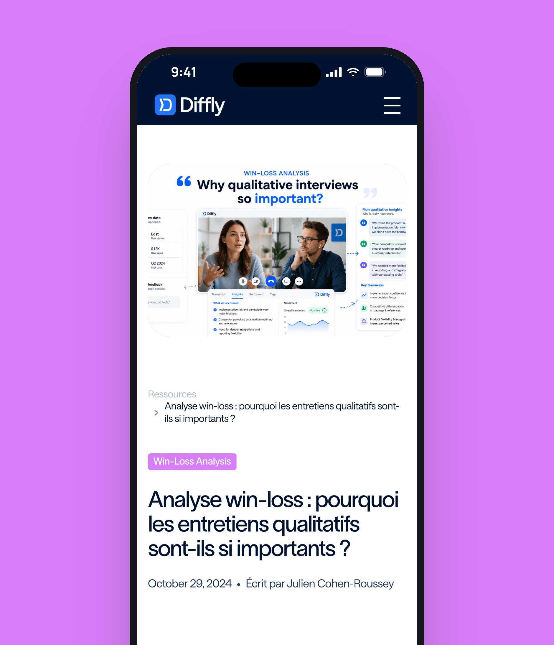 iPhone on a purple background, showing the Diffly article “Win-loss analysis: why are qualitative interviews so important?”
