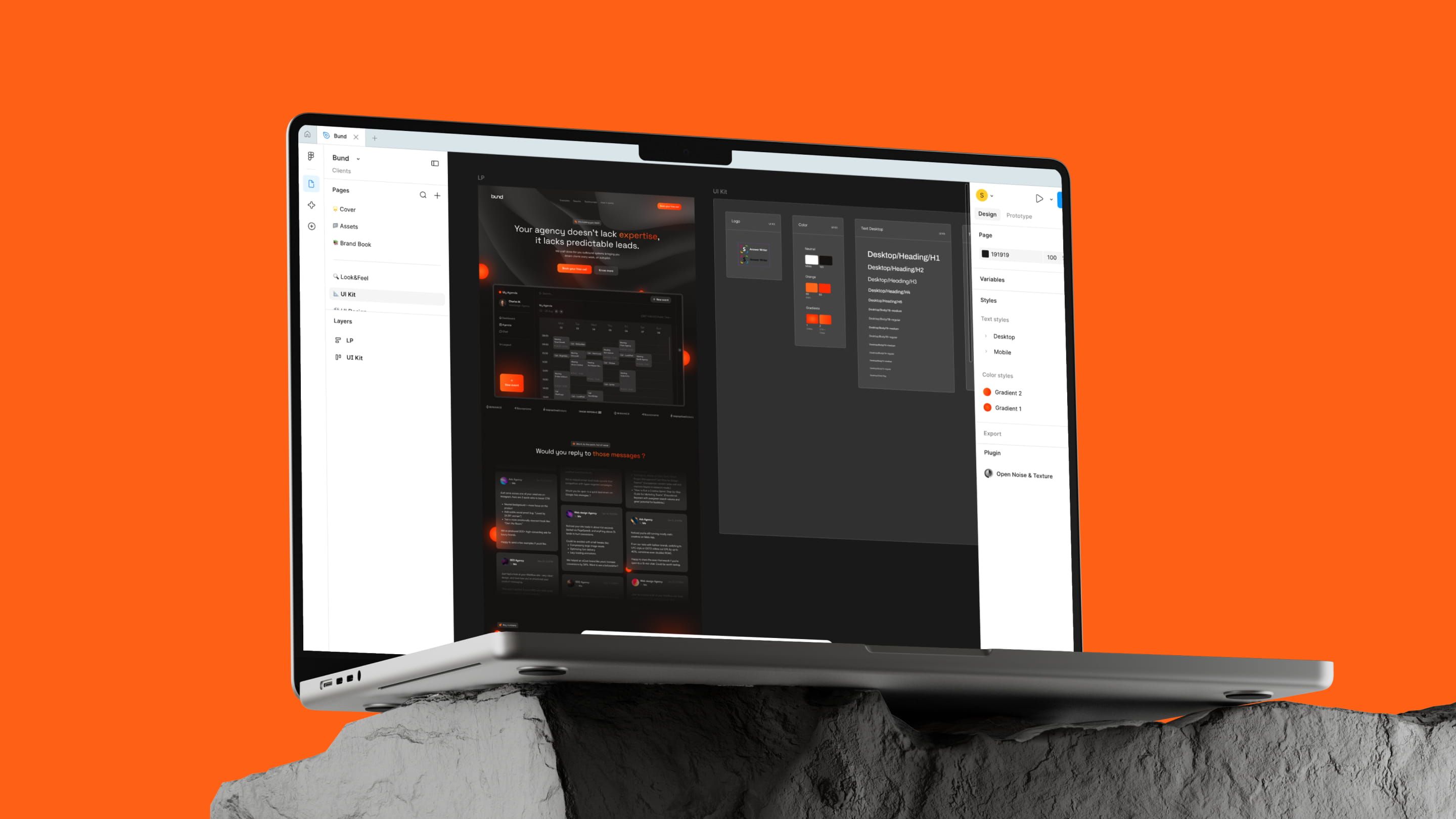 Laptop showing Figma with Bund's dark landing page "Your agency doesn't lack expertise" and its UI kit