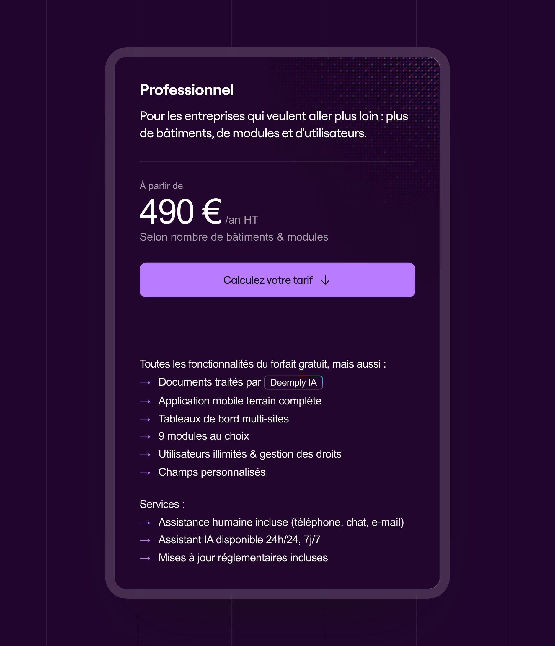 Card for the Professional plan at €490 a year, on a dark purple background