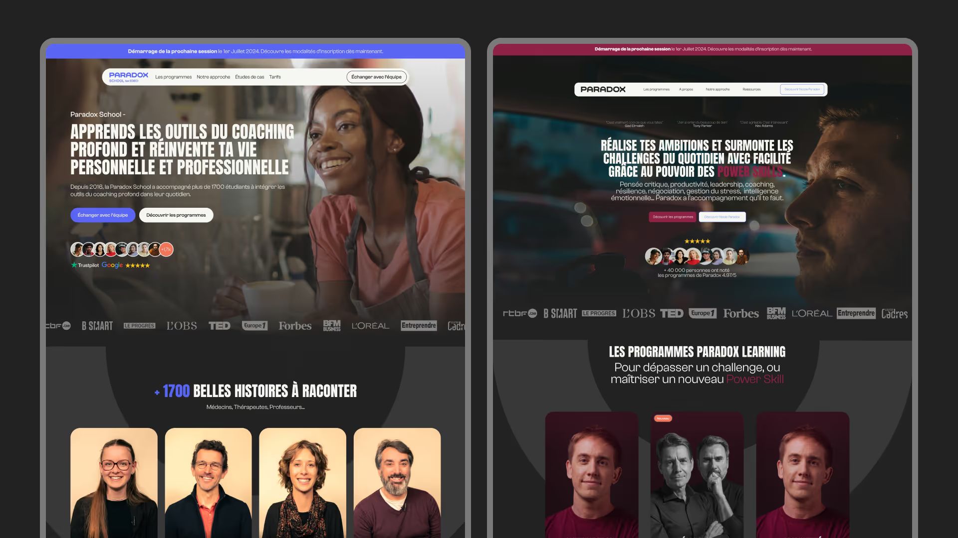 Two Paradox homepage mockups: Paradox School in purple and Paradox Learning in burgundy