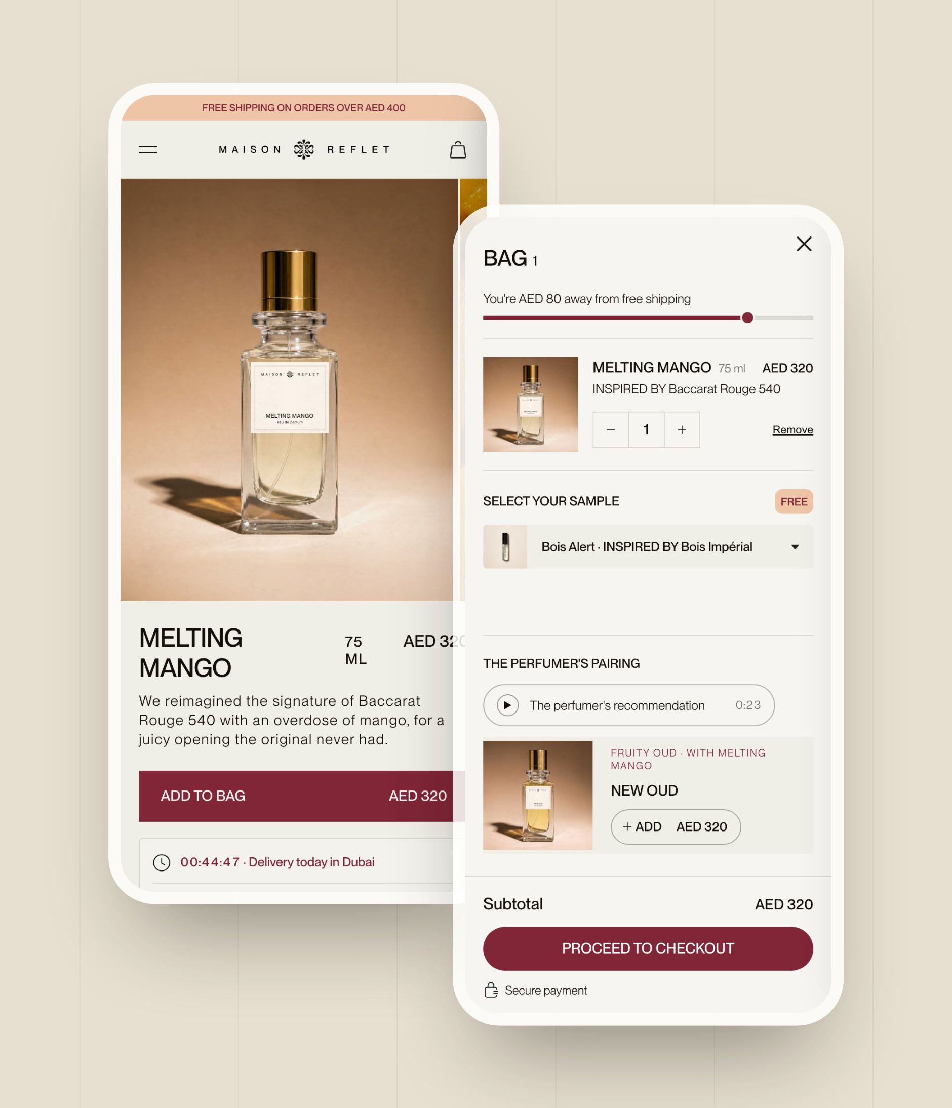 Product page and cart drawer on mobile: free shipping progress bar, free sample, the perfumer's pairing