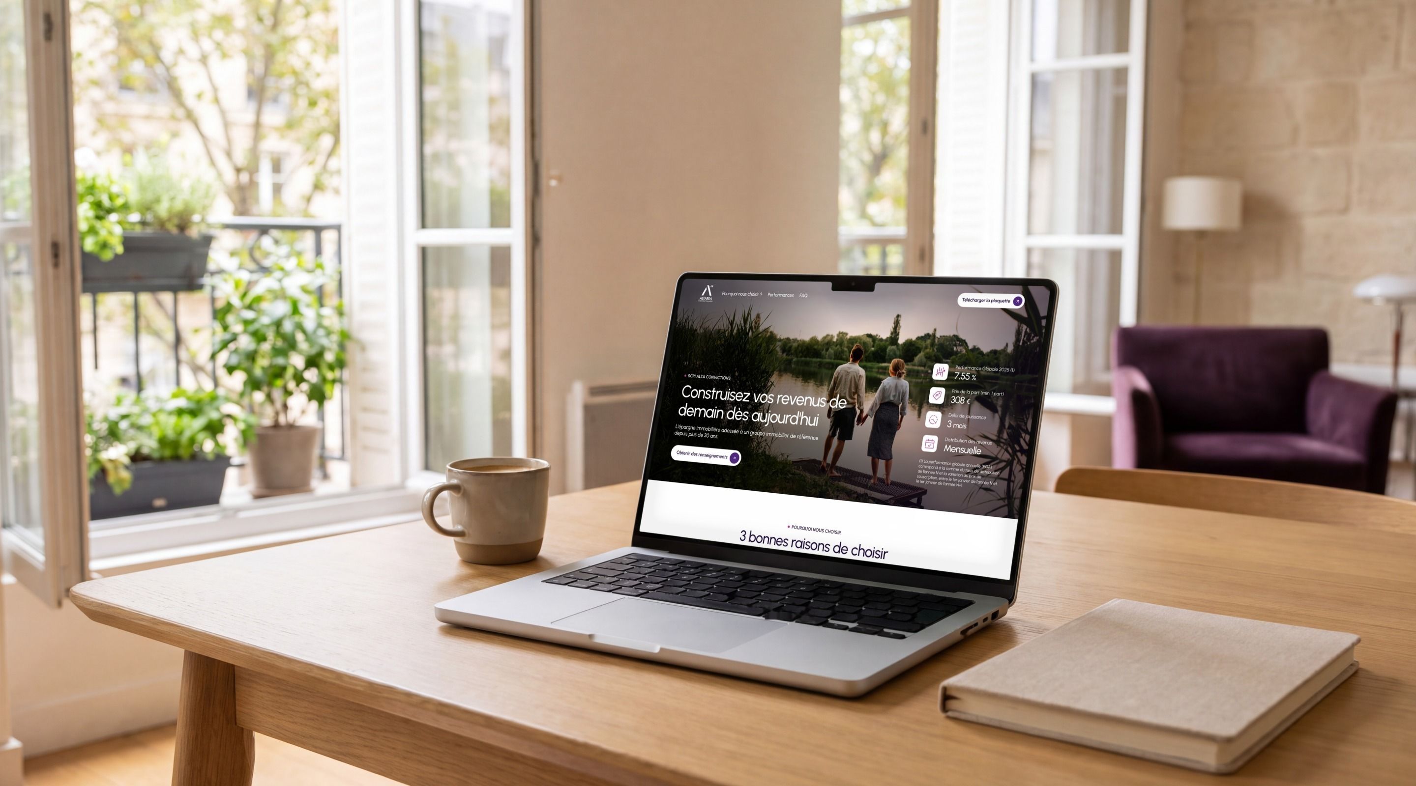 MacBook Pro open on the Alta Convictions SCPI campaign page, “Build tomorrow's income starting today”