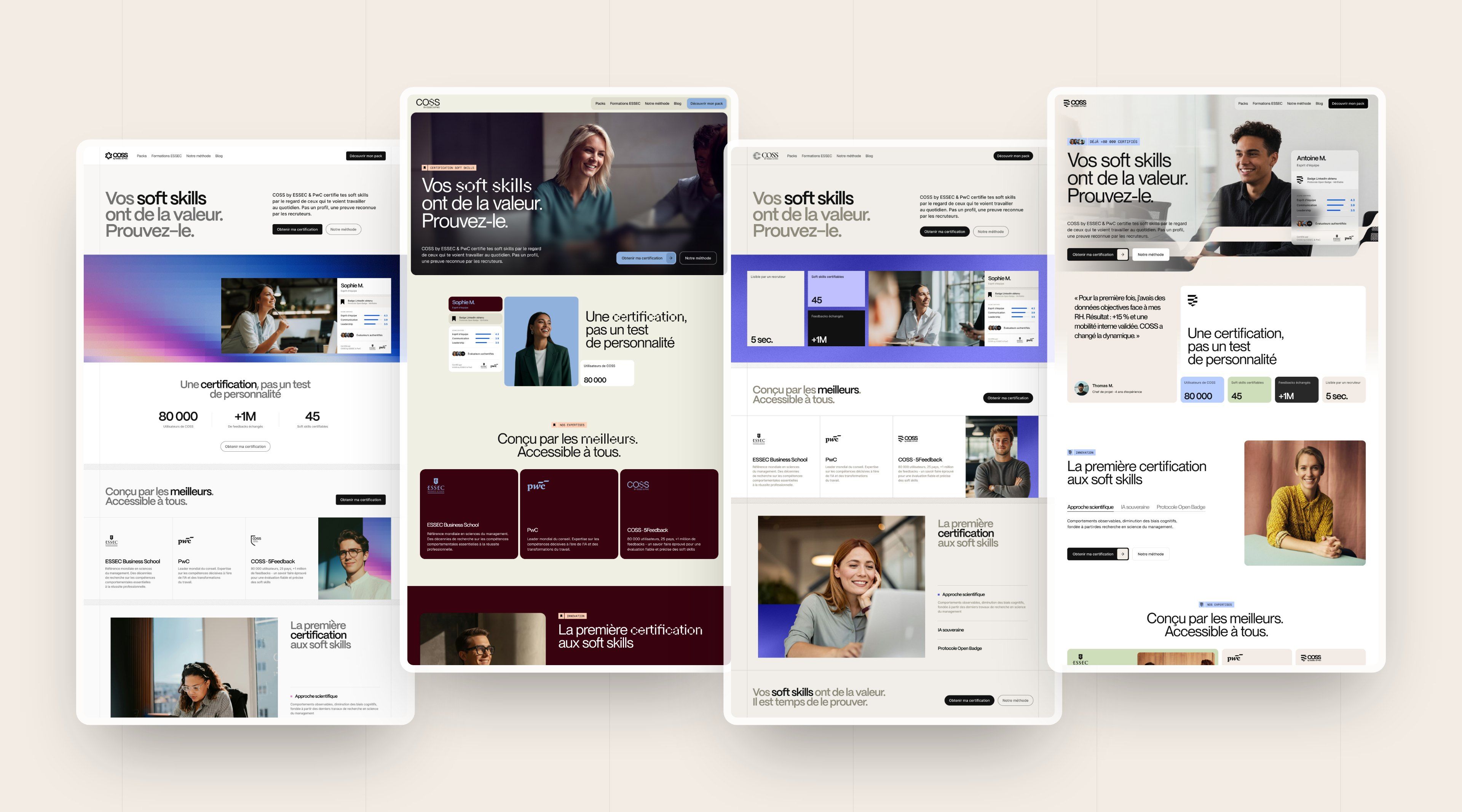 The four COSS home page directions side by side, on a cream background