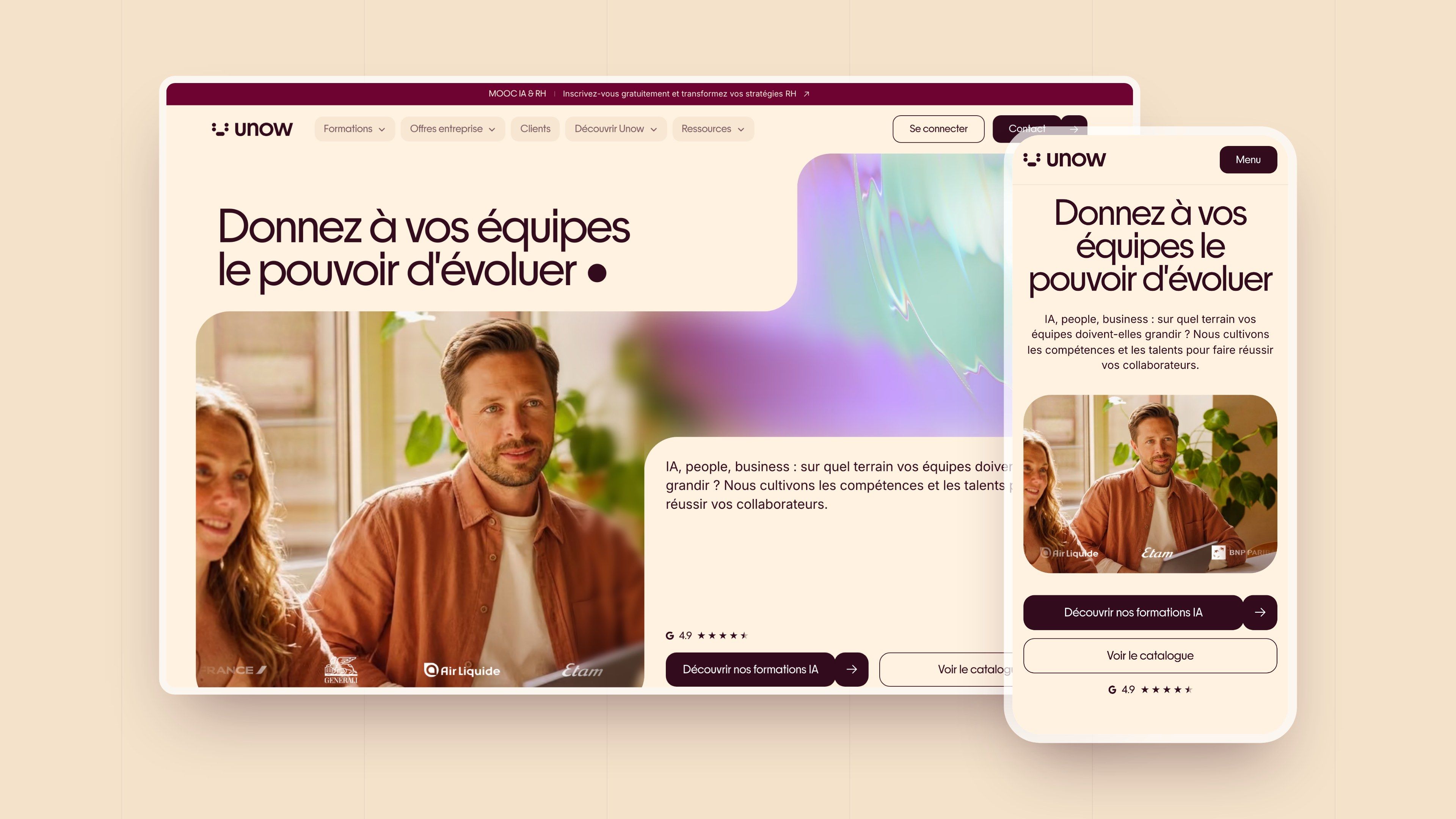 Unow home page on desktop and mobile