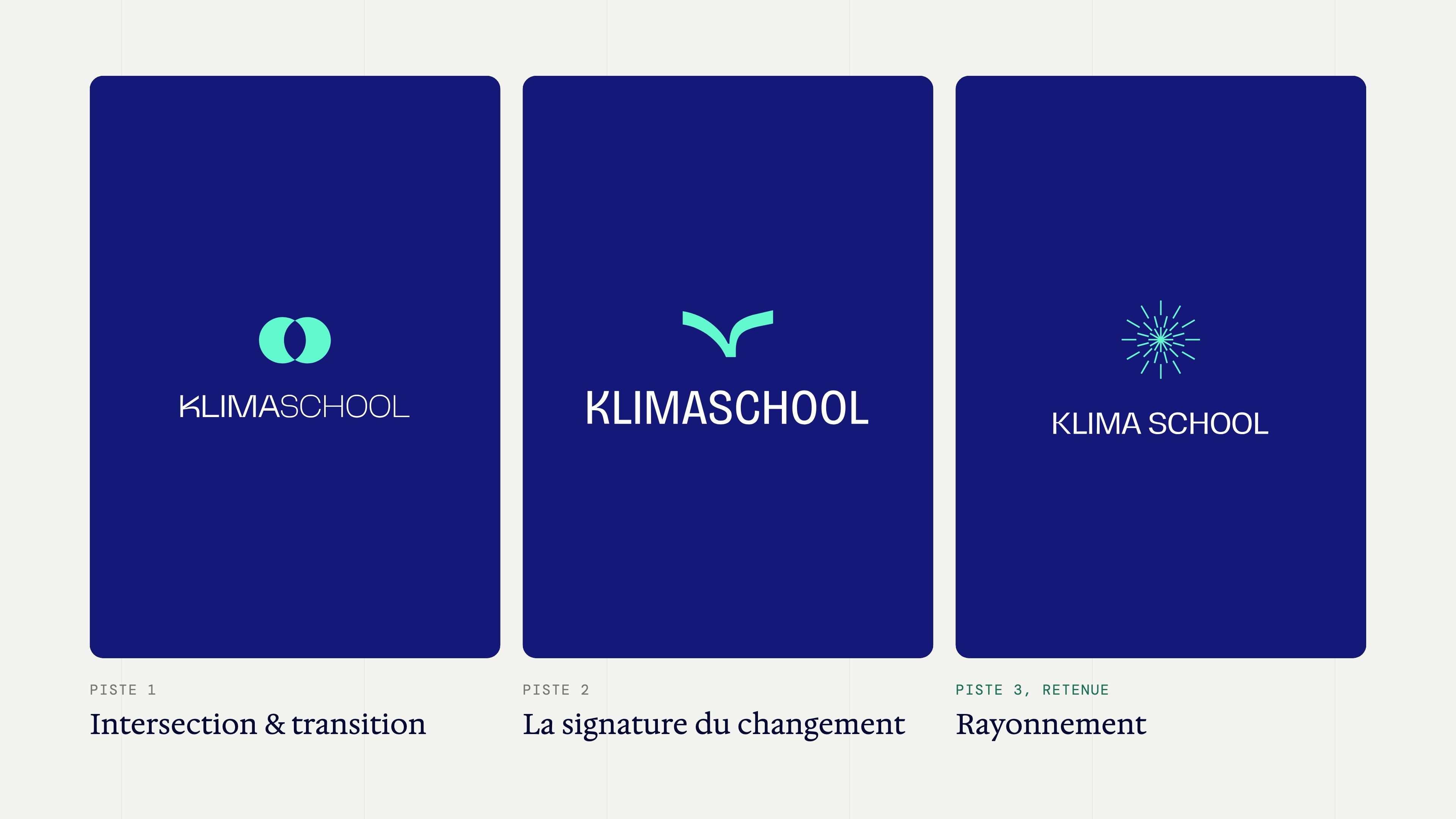 The three logo directions explored: Intersection & transition, The signature of change and Radiance, the one chosen