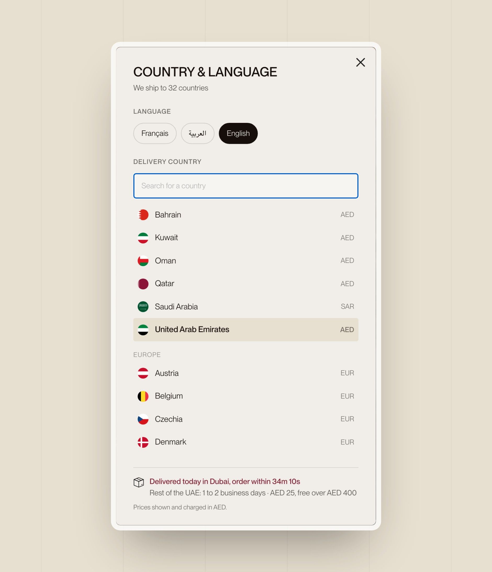 Country & Language drawer: language, delivery country, currency and delivery times