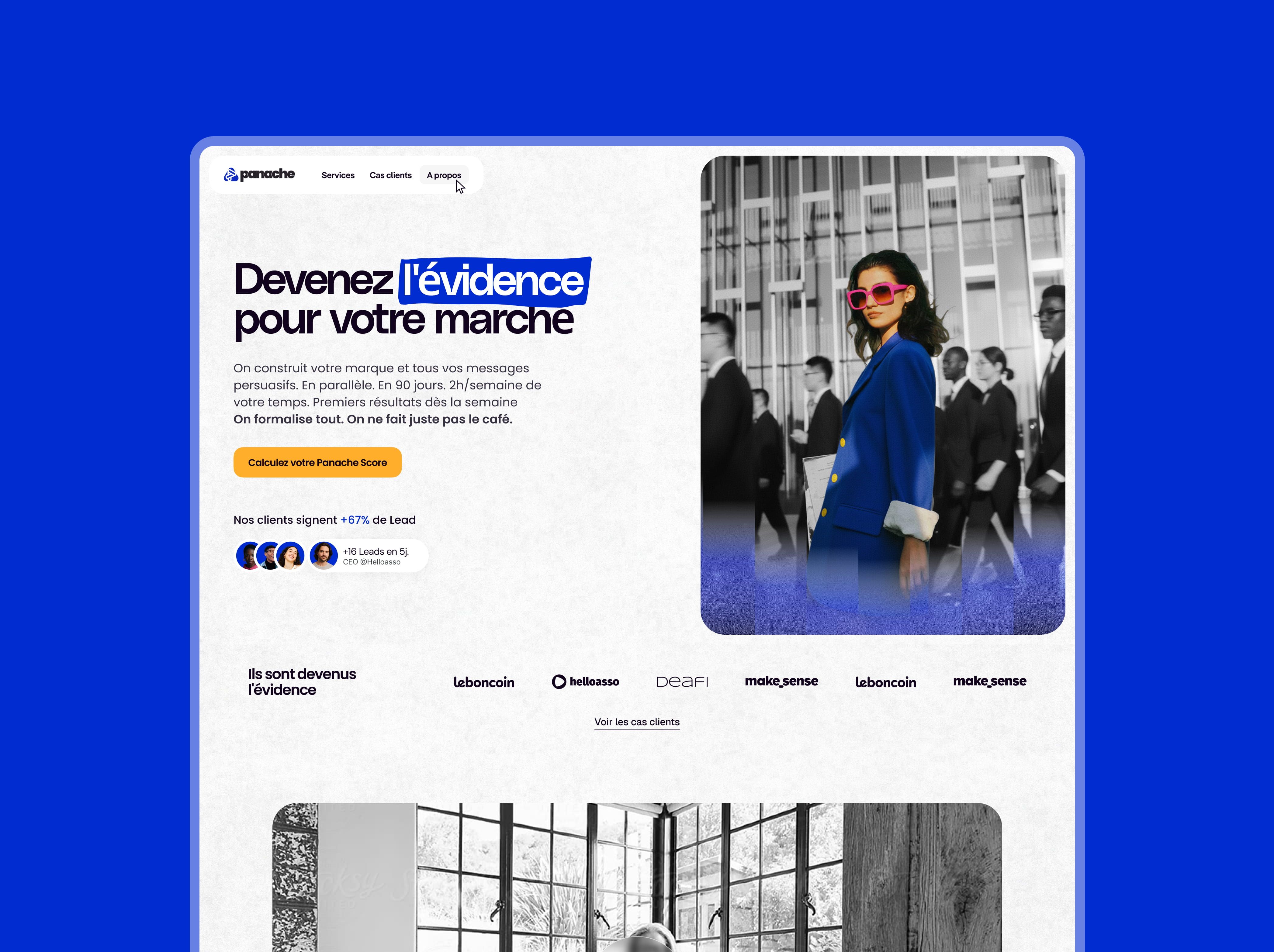 Page d’accueil Panache : titre « Devenez l’évidence pour votre marche », photo noir et blanc avec une femme en bleu