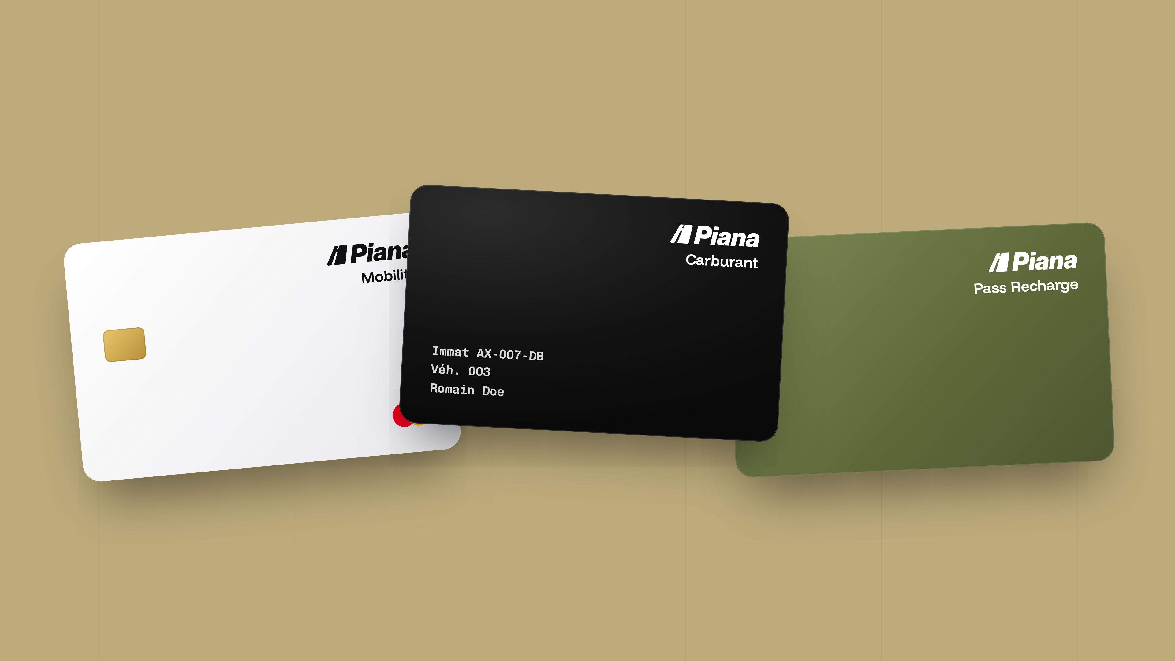 The three Piana cards: white Mobility card with chip, black Fuel card and olive Charging Pass