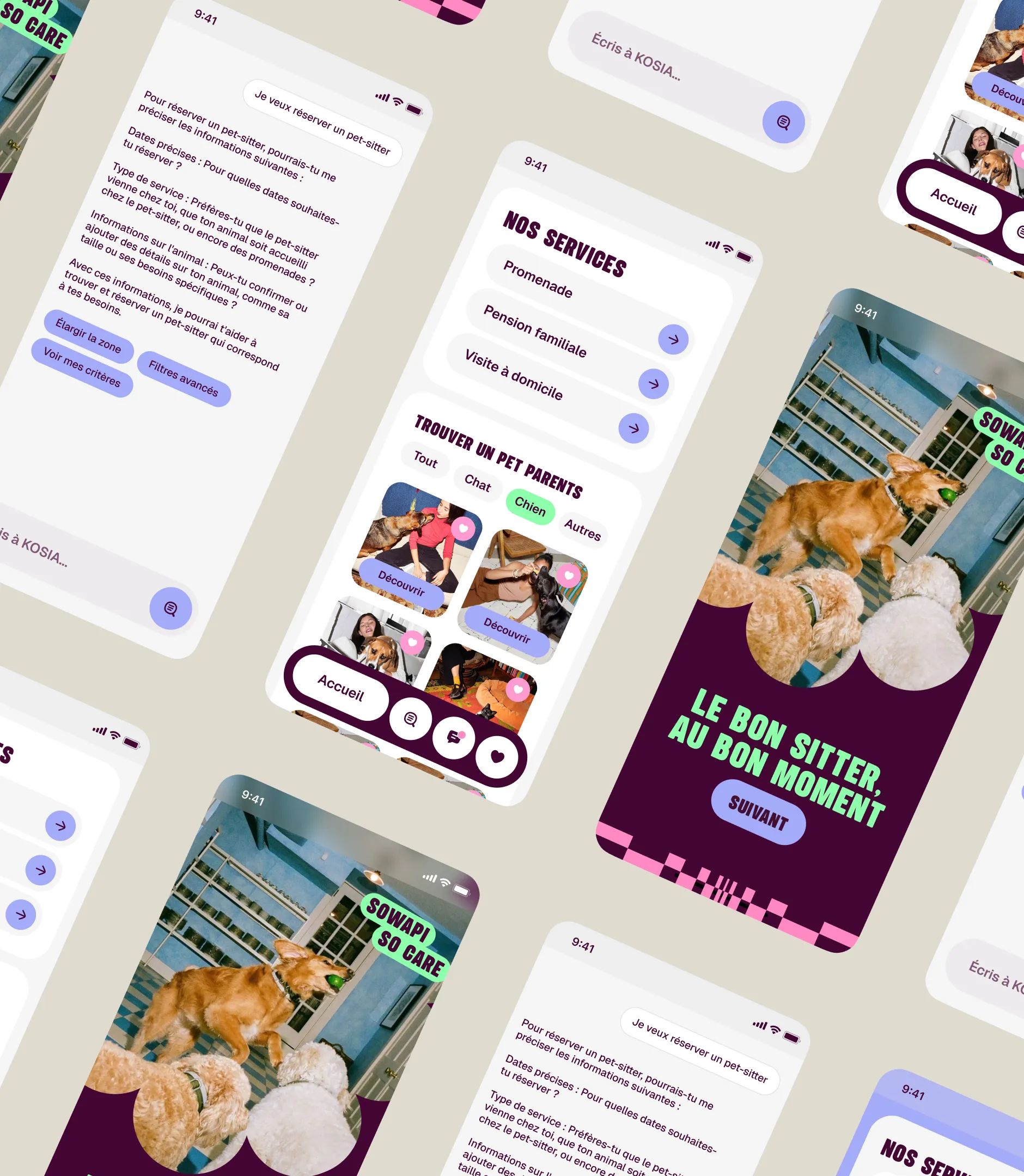 Sowapi mobile app screens: “Le bon sitter, au bon moment” welcome, services list and chat with Kosia AI