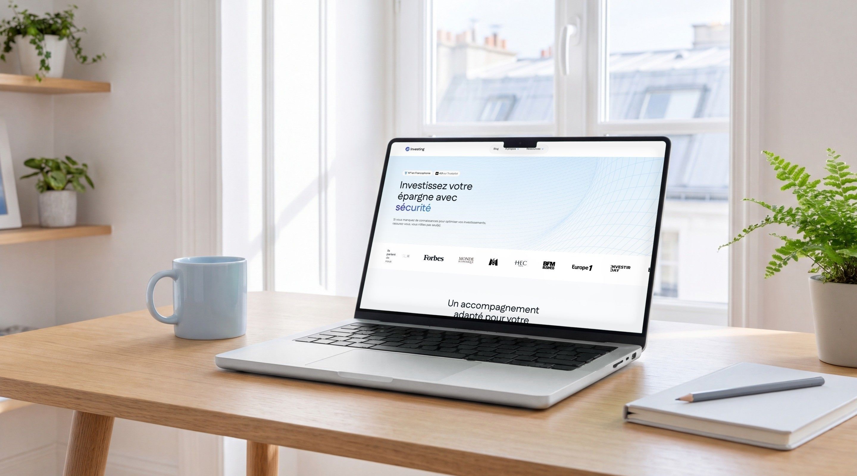 MacBook Pro open on the e-Investing home page, “Invest your savings safely”