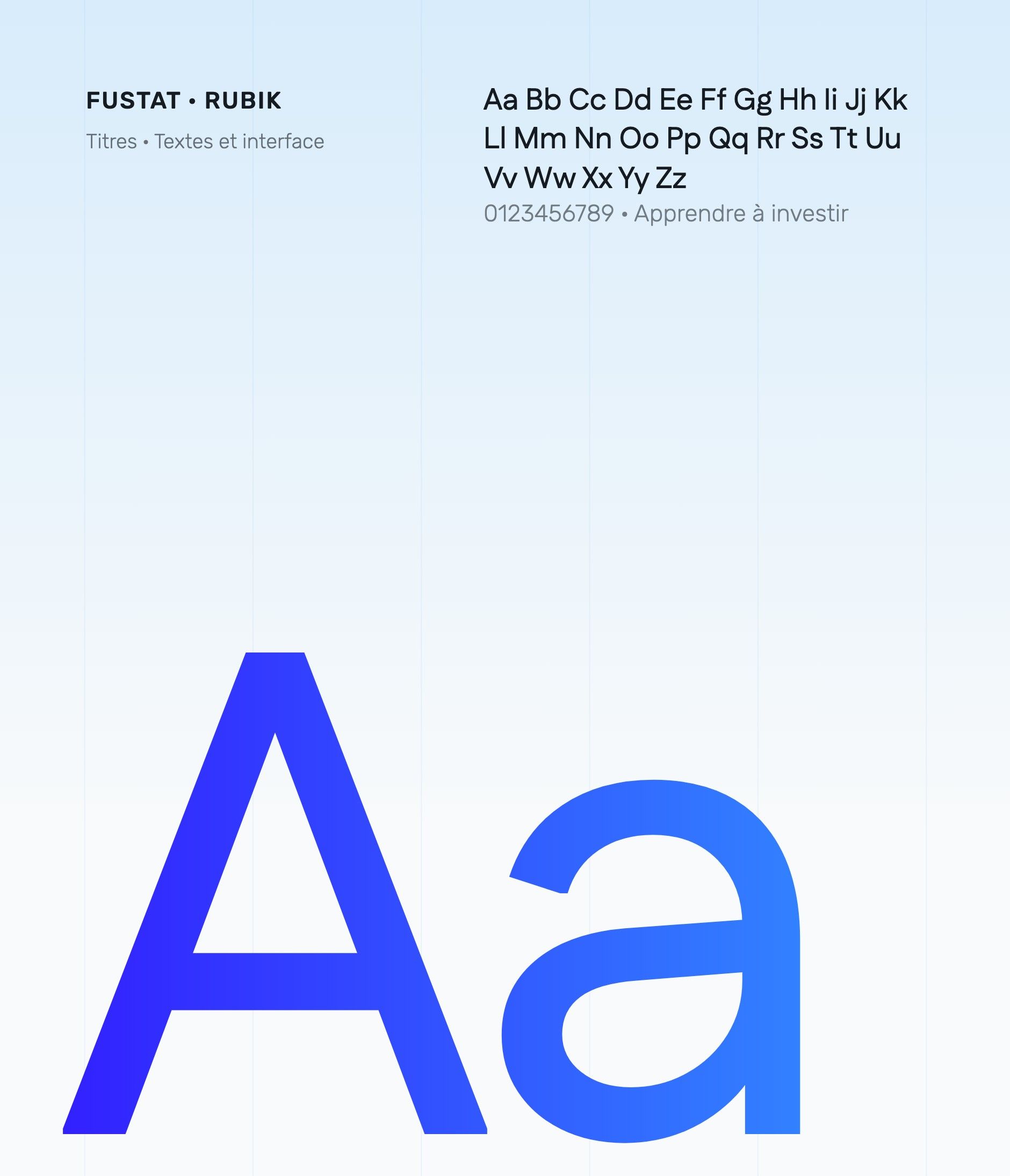 Fustat and Rubik, e-Investing's typefaces: a large “Aa” in a blue gradient