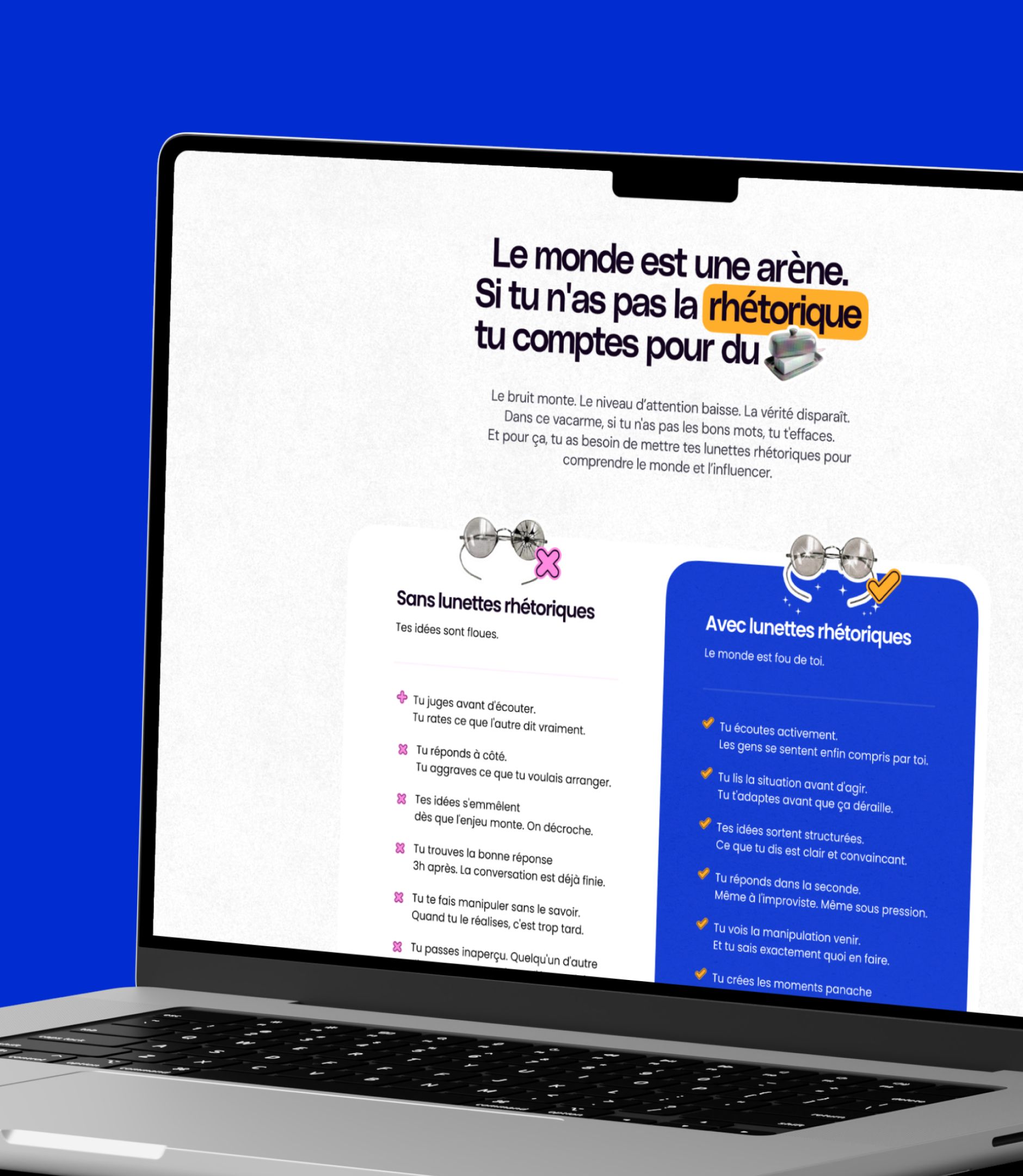 Page du site Panache sur laptop : titre « Le monde est une arène », comparatif sans et avec lunettes rhétoriques
