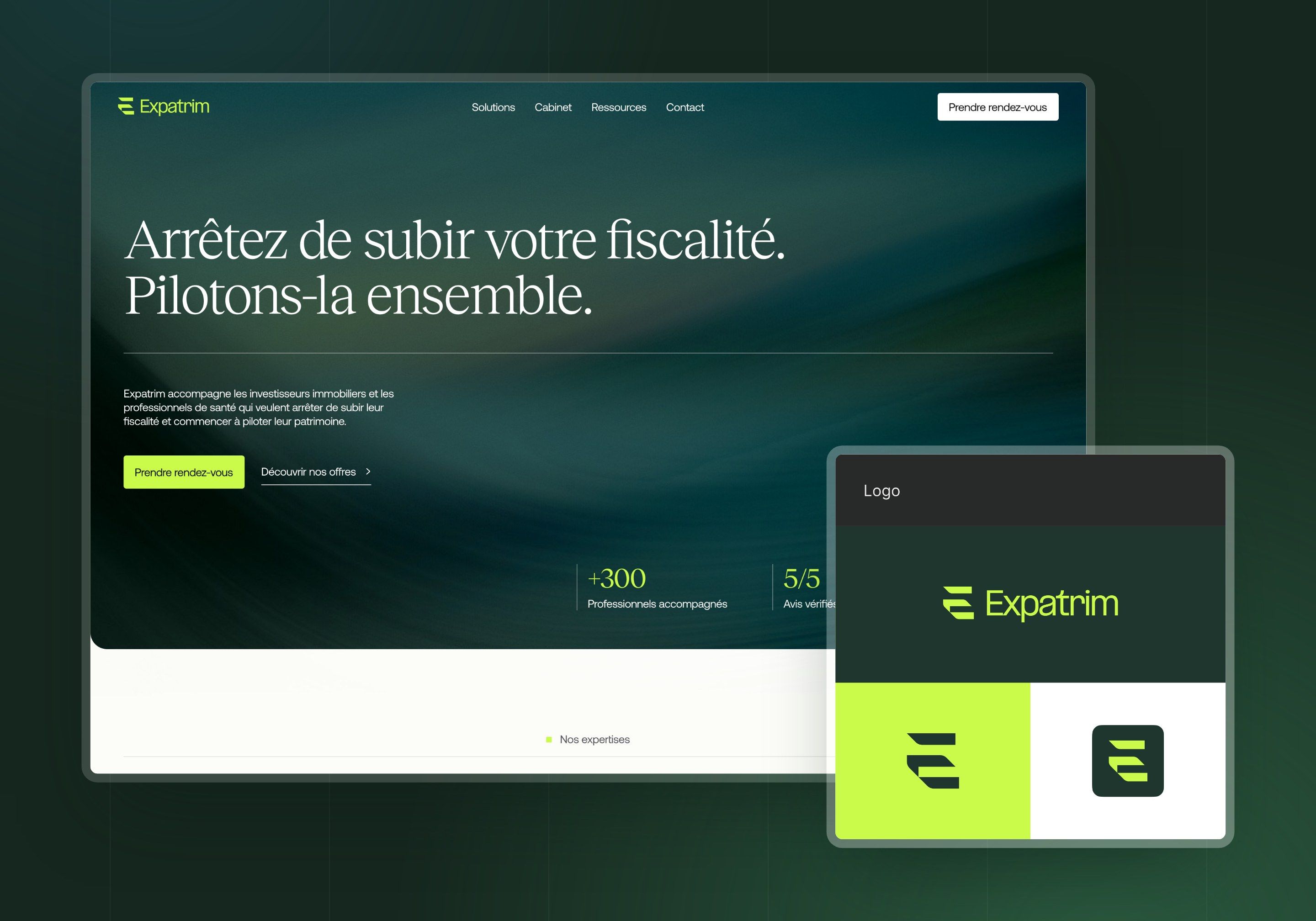 Direction 1, Green and lime: deep green hero, lime button and logo board