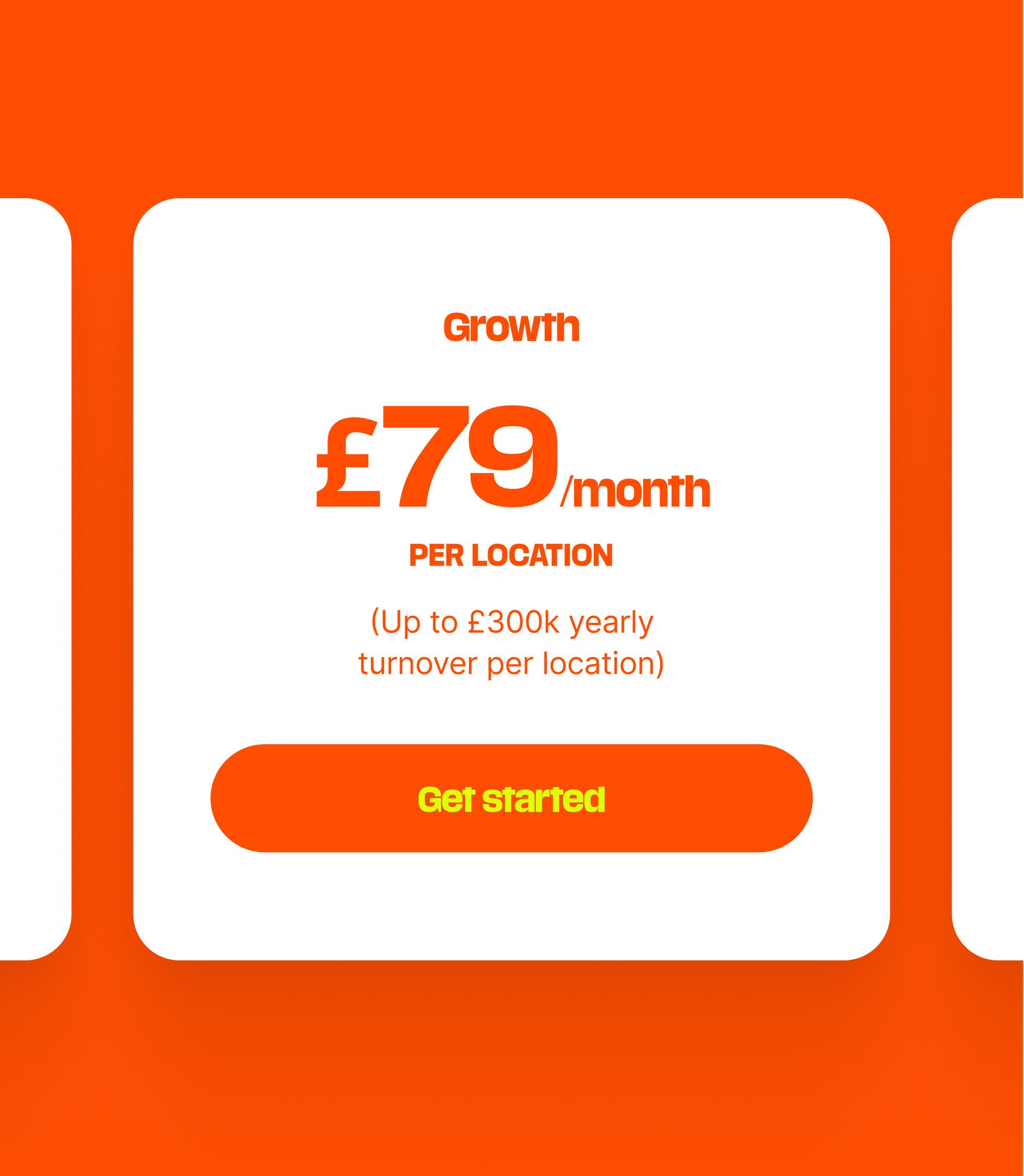 Carte tarifaire Alpacap sur fond orange : offre Growth à 79 £/mois par établissement, bouton « Get started »