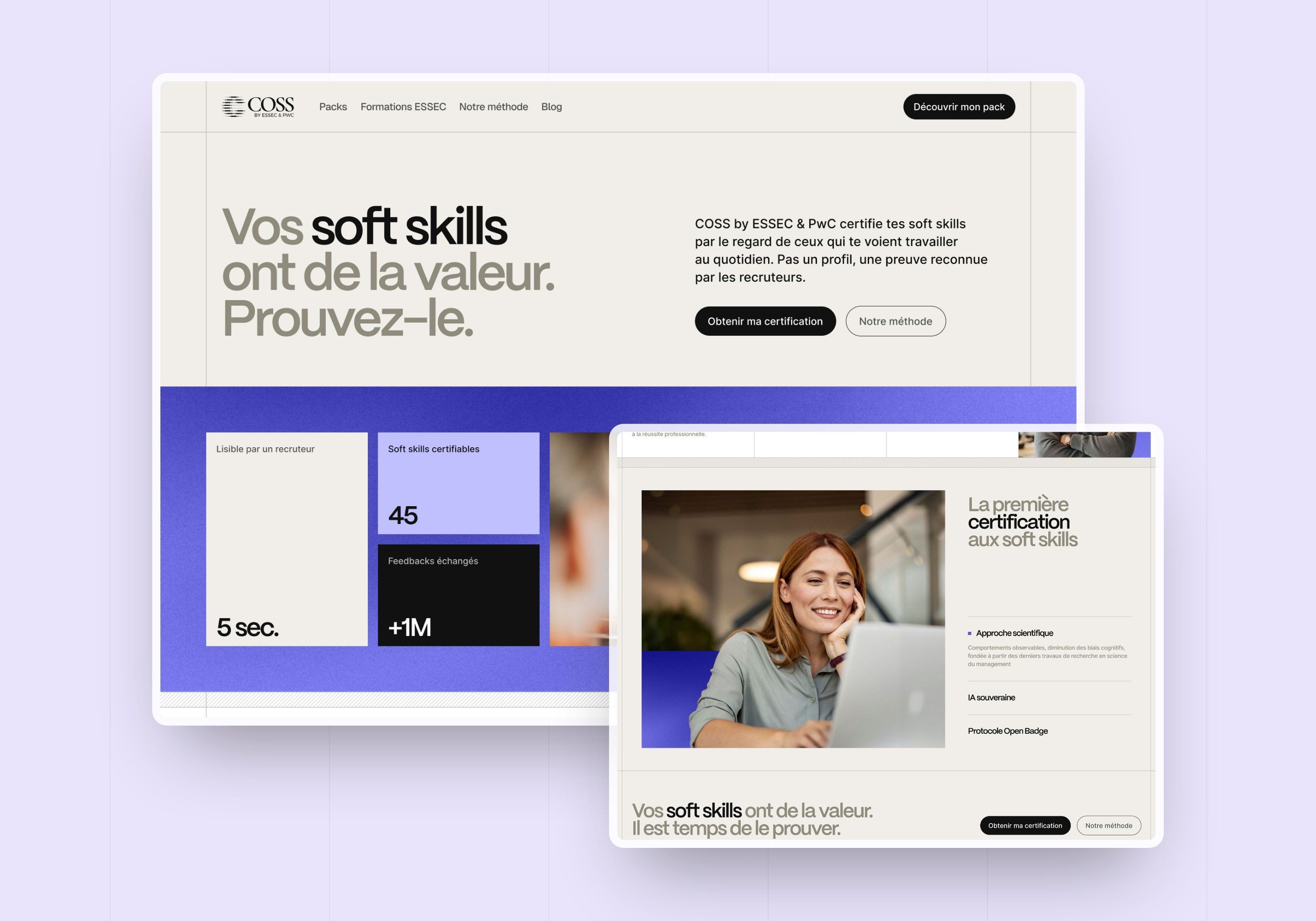 Direction 3: COSS home page in purple and blue blocks, key figure cards