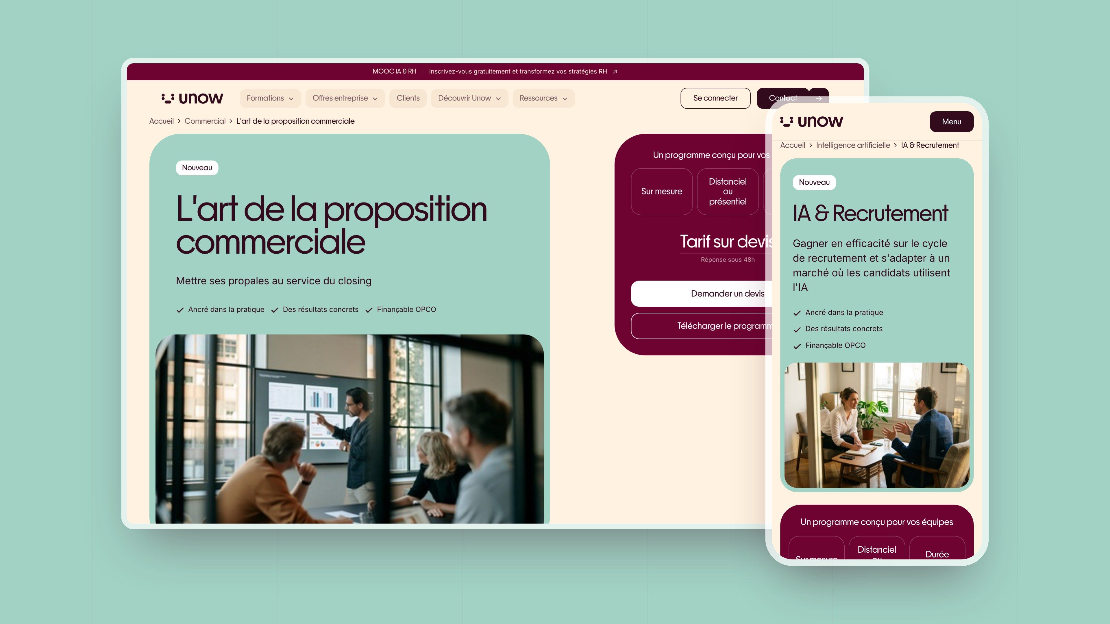 Course page “The art of the sales proposal” on desktop and the AI & Recruitment course page on mobile