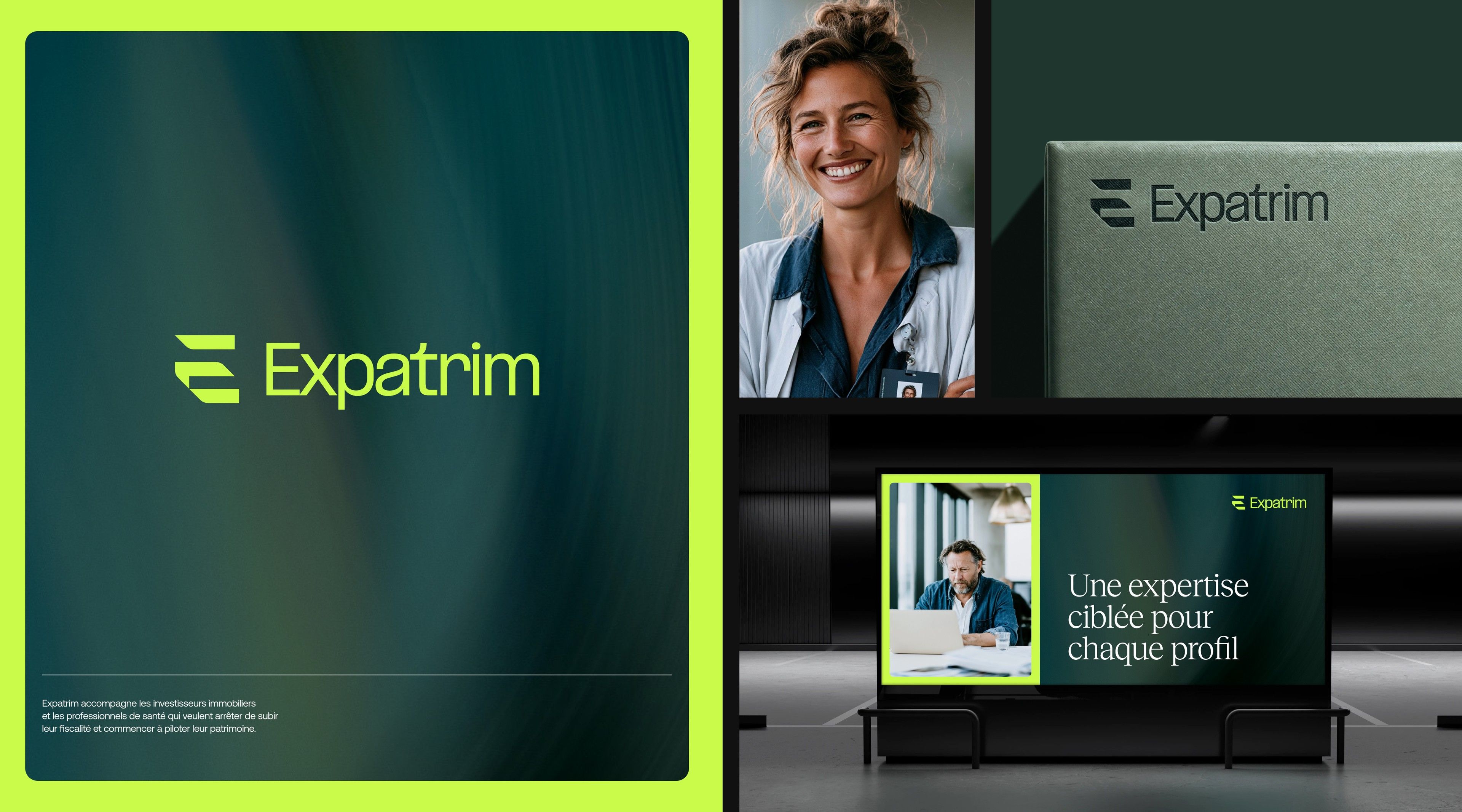 Expatrim identity board: lime logo on a deep green background, embossed application and the poster “Targeted expertise for every profile”