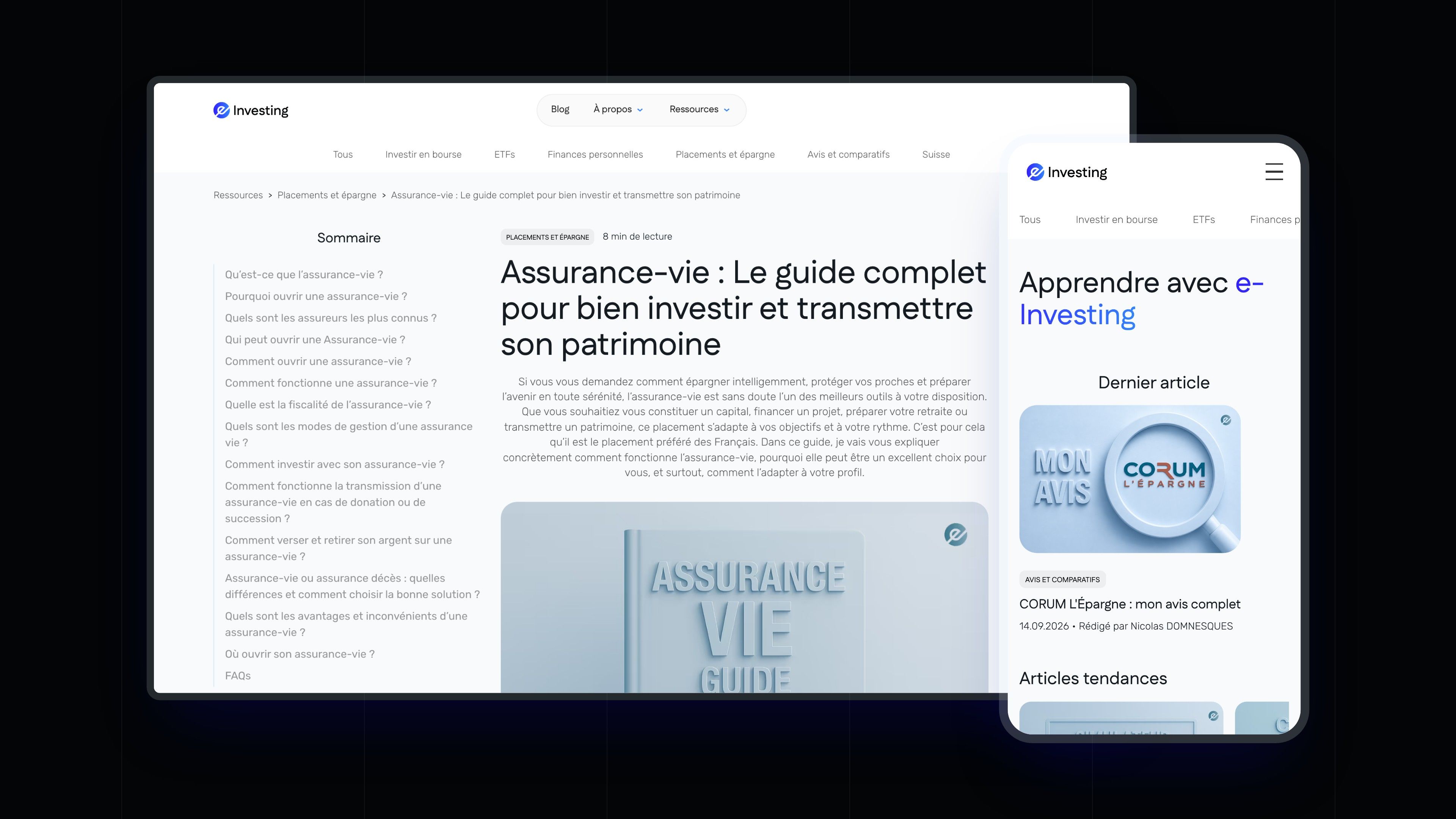 Article “Life insurance: the complete guide” on desktop and the articles page on mobile