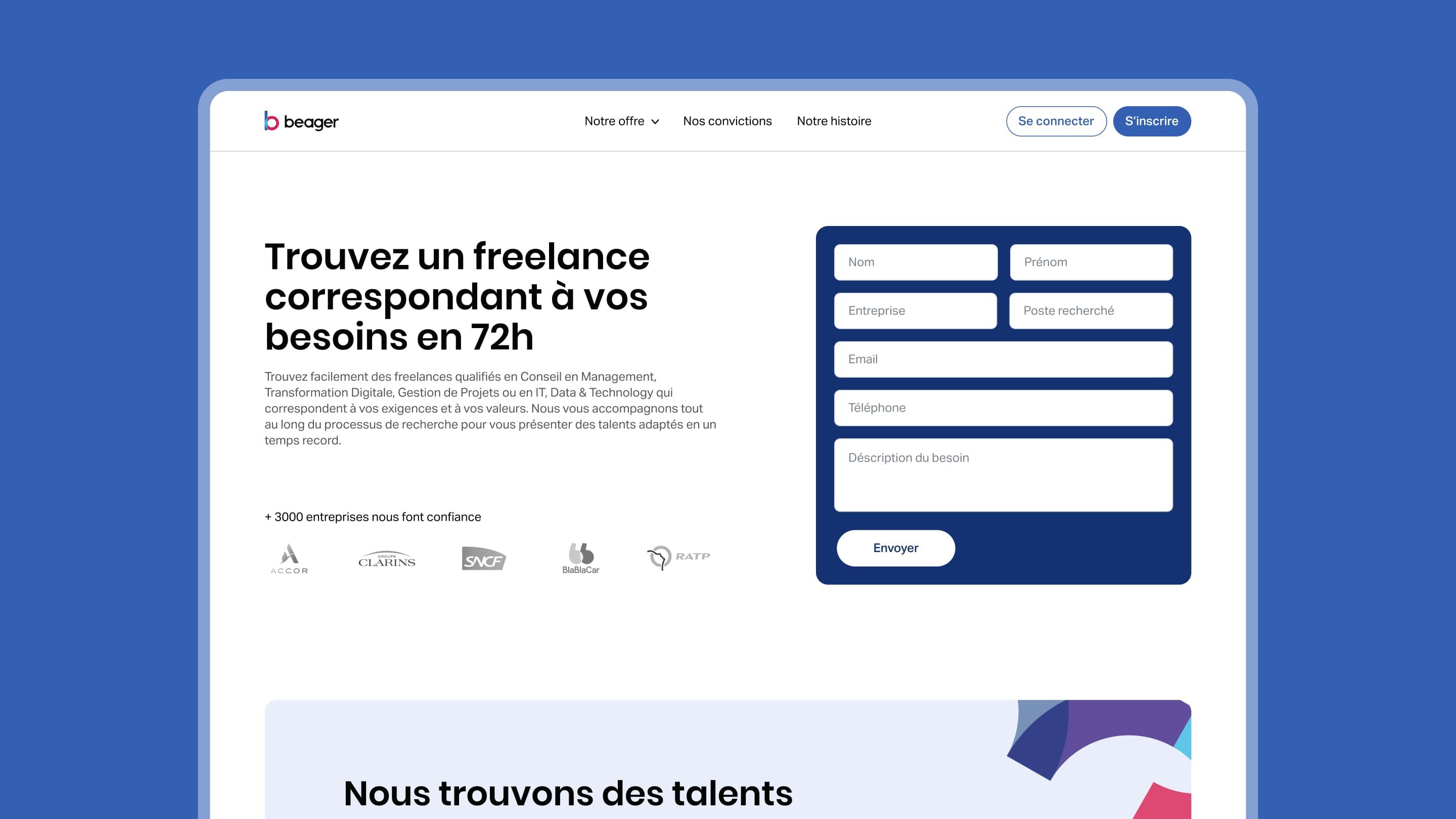 Page d’accueil Beager : titre « Trouvez un freelance correspondant à vos besoins en 72h » et formulaire de contact
