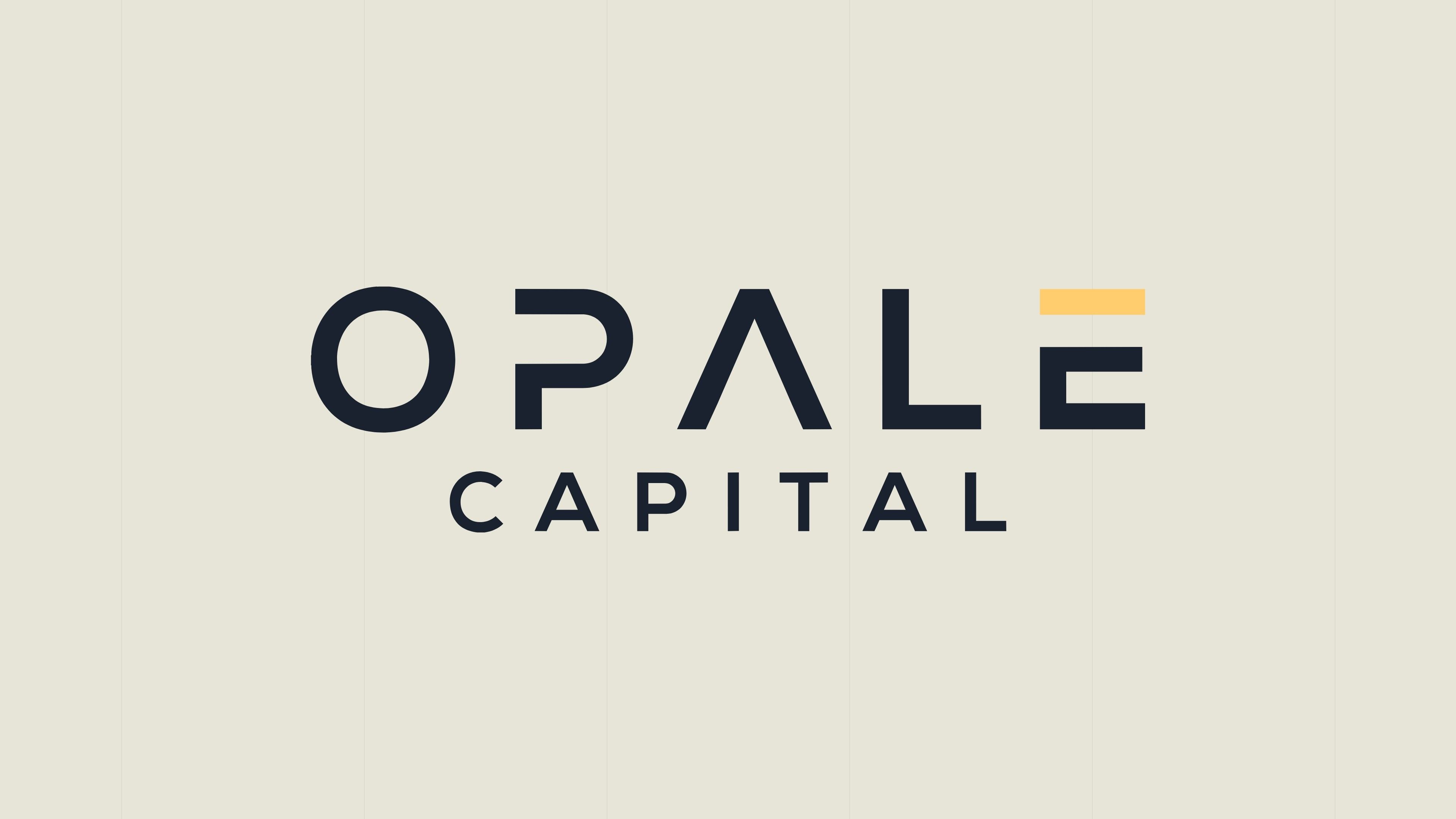 Opale Capital logo in dark blue on a beige background, the bar of the E in yellow