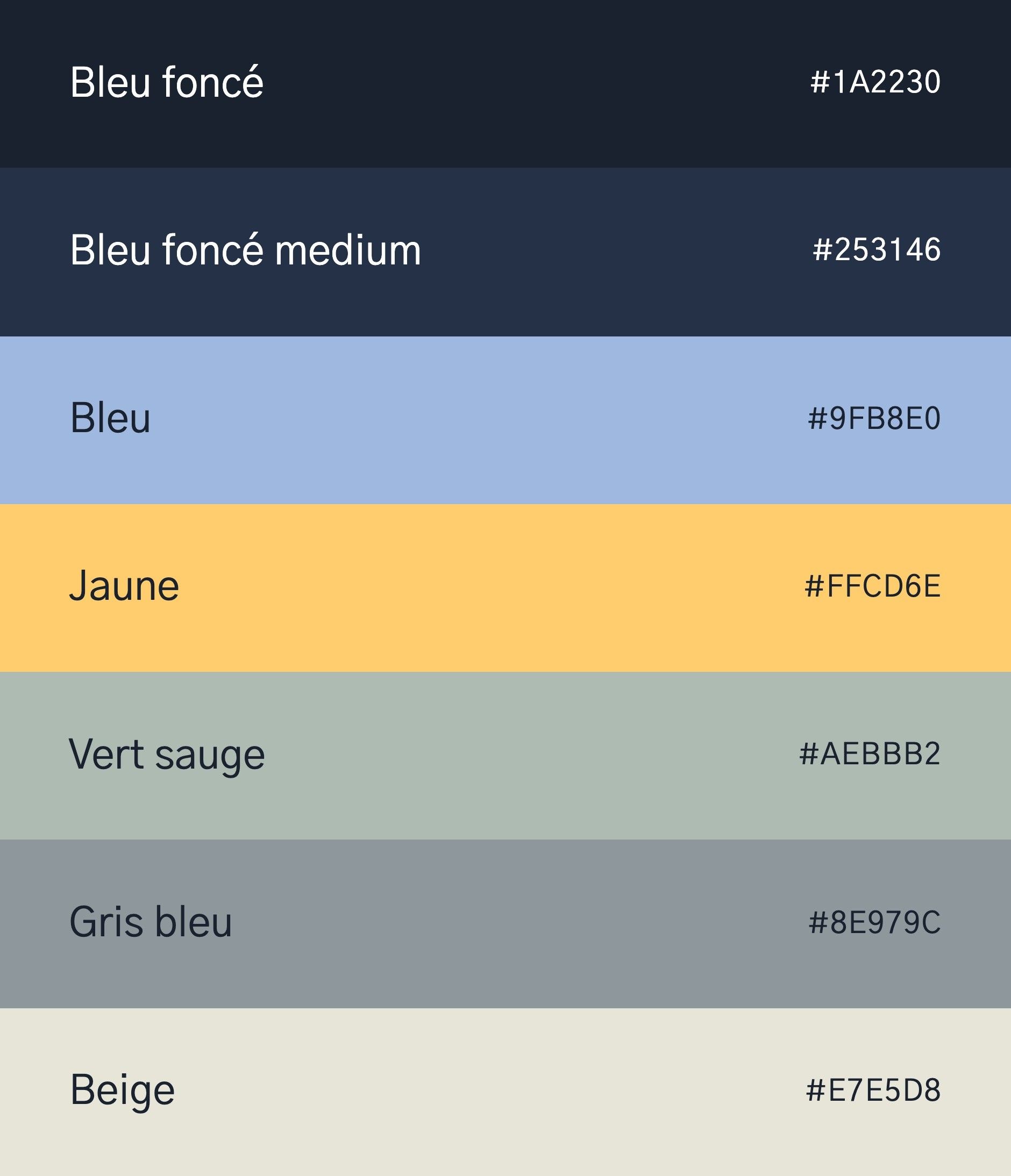 Opale Capital palette: dark blue, medium dark blue, blue, yellow, sage green, blue grey and beige