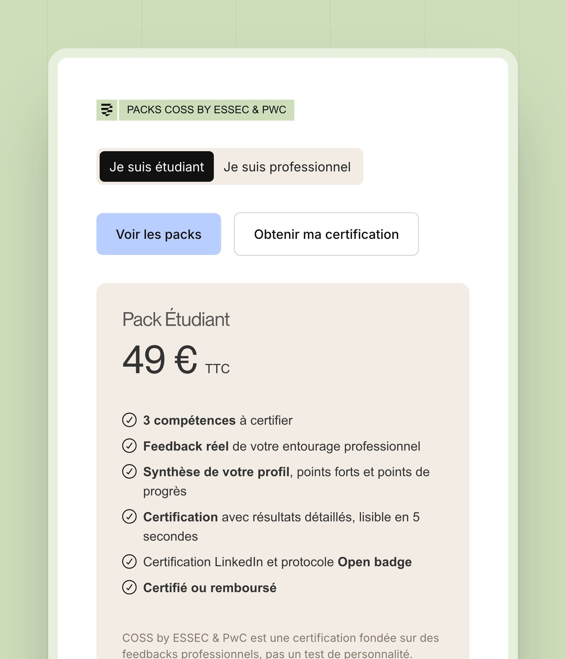 COSS interface elements: label, tabs, sky blue buttons and the €49 Student Pack card