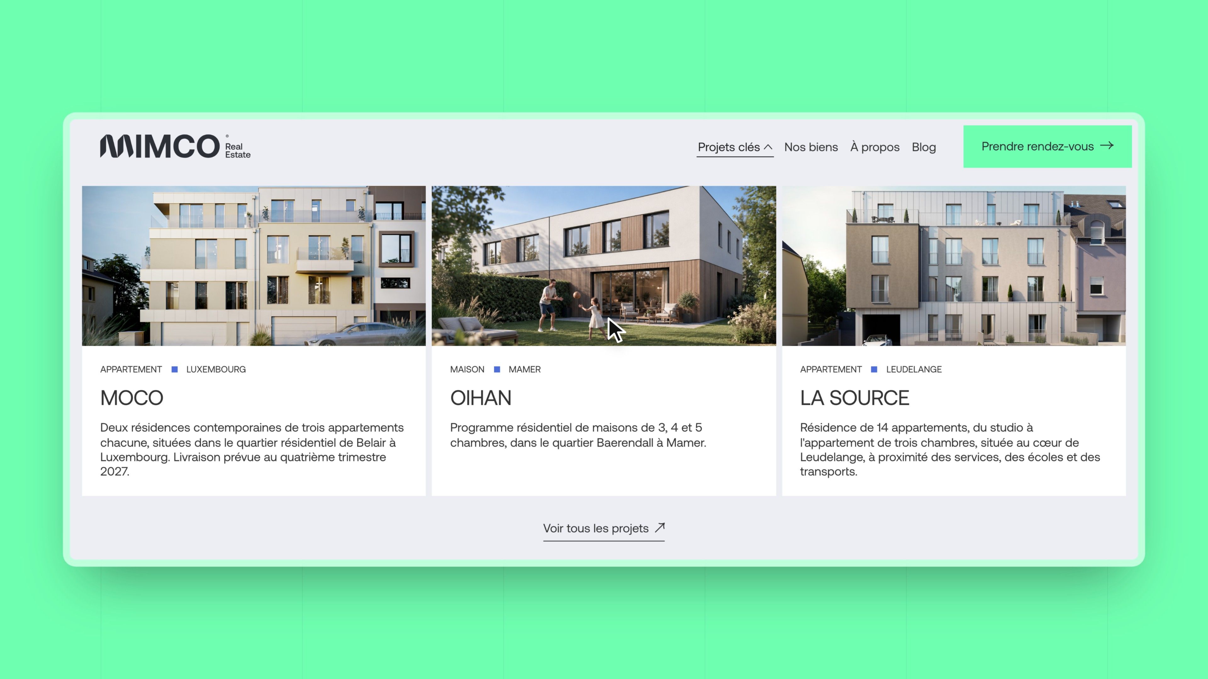 “Key projects” menu open: MOCO, OIHAN and La Source cards, on a mint green background