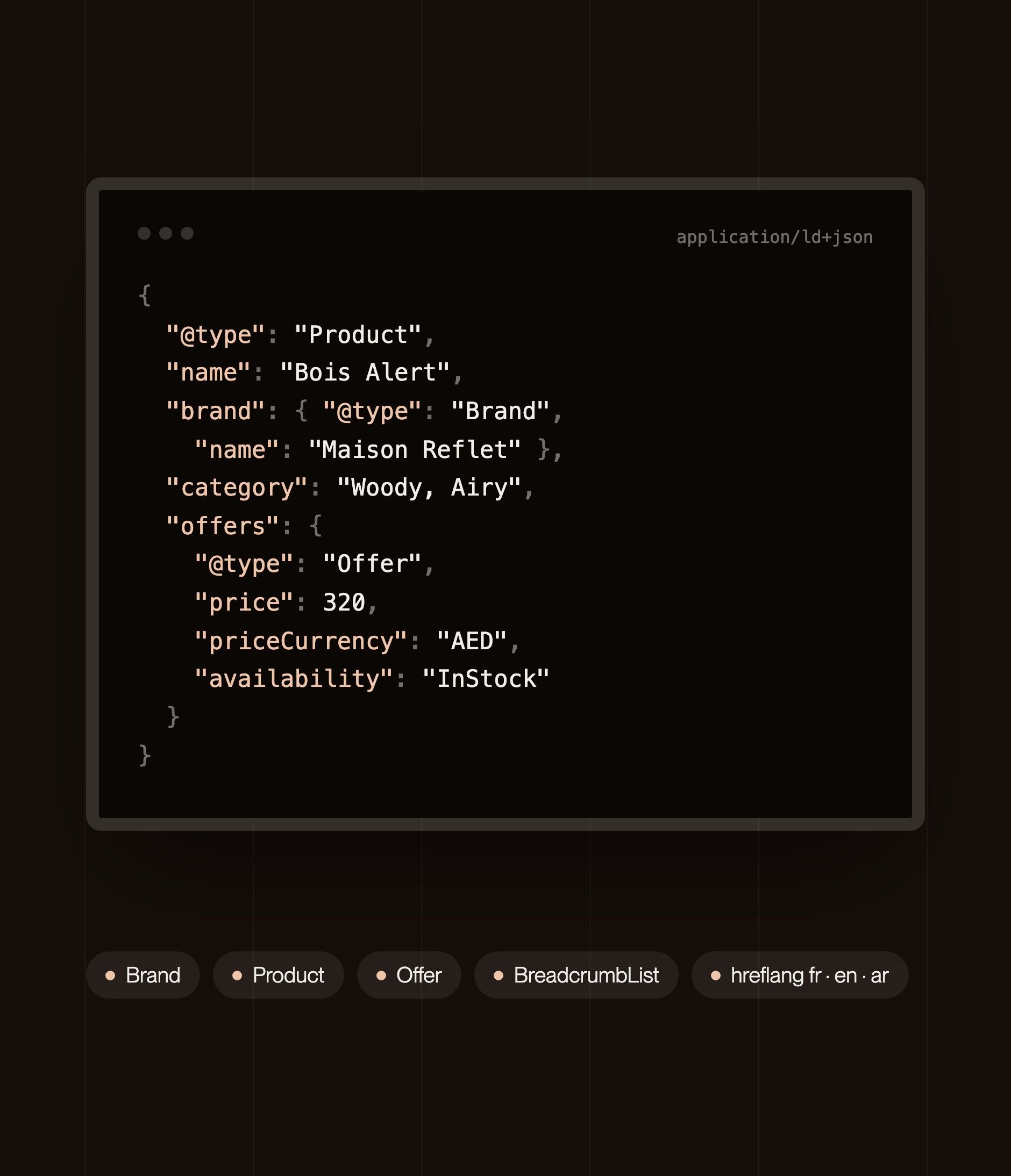Excerpt of the Bois Alert product page structured data: Product, Brand and Offer in dirhams
