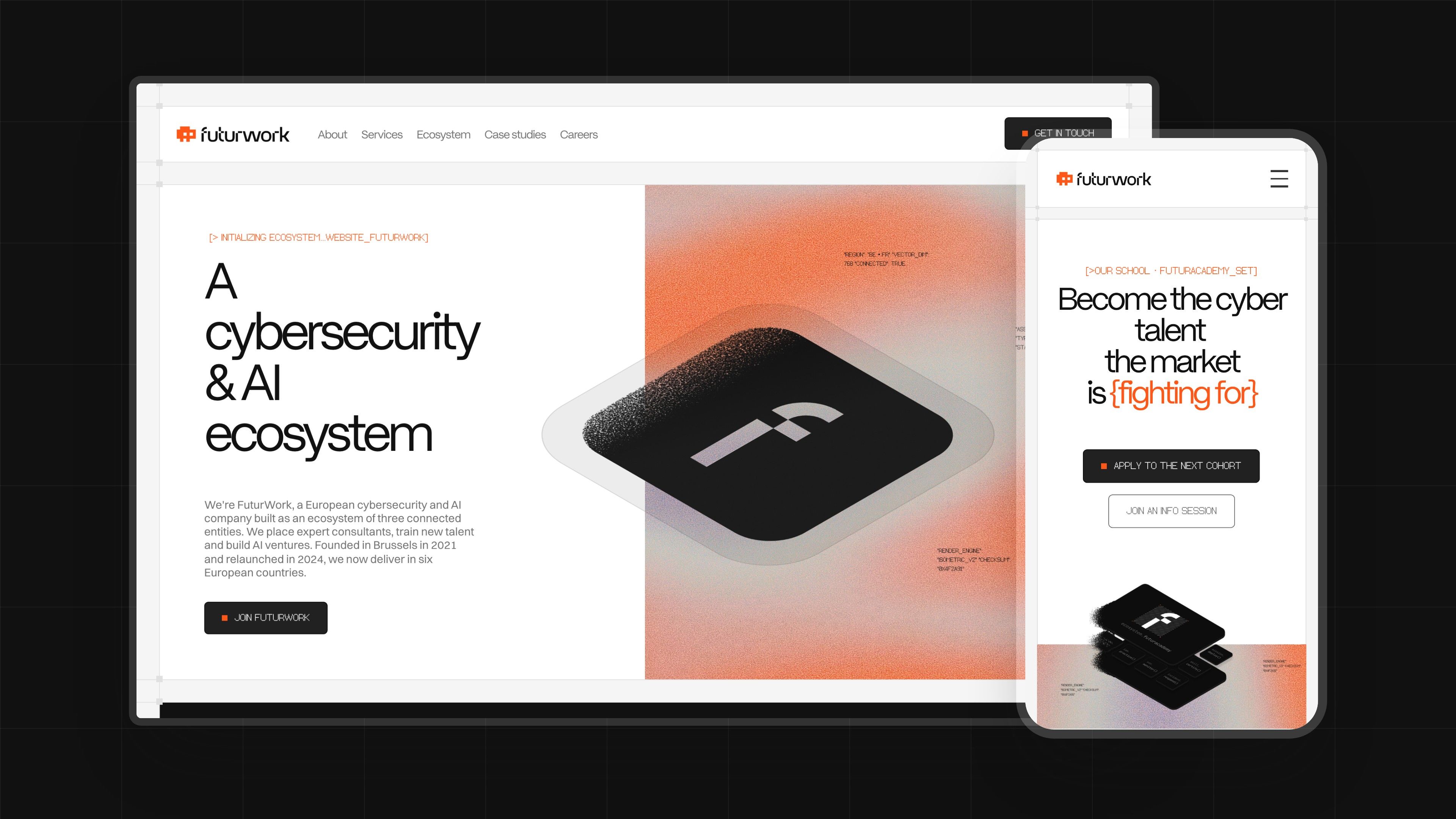 “A cybersecurity & AI ecosystem” About page on desktop and FuturAcademy on mobile