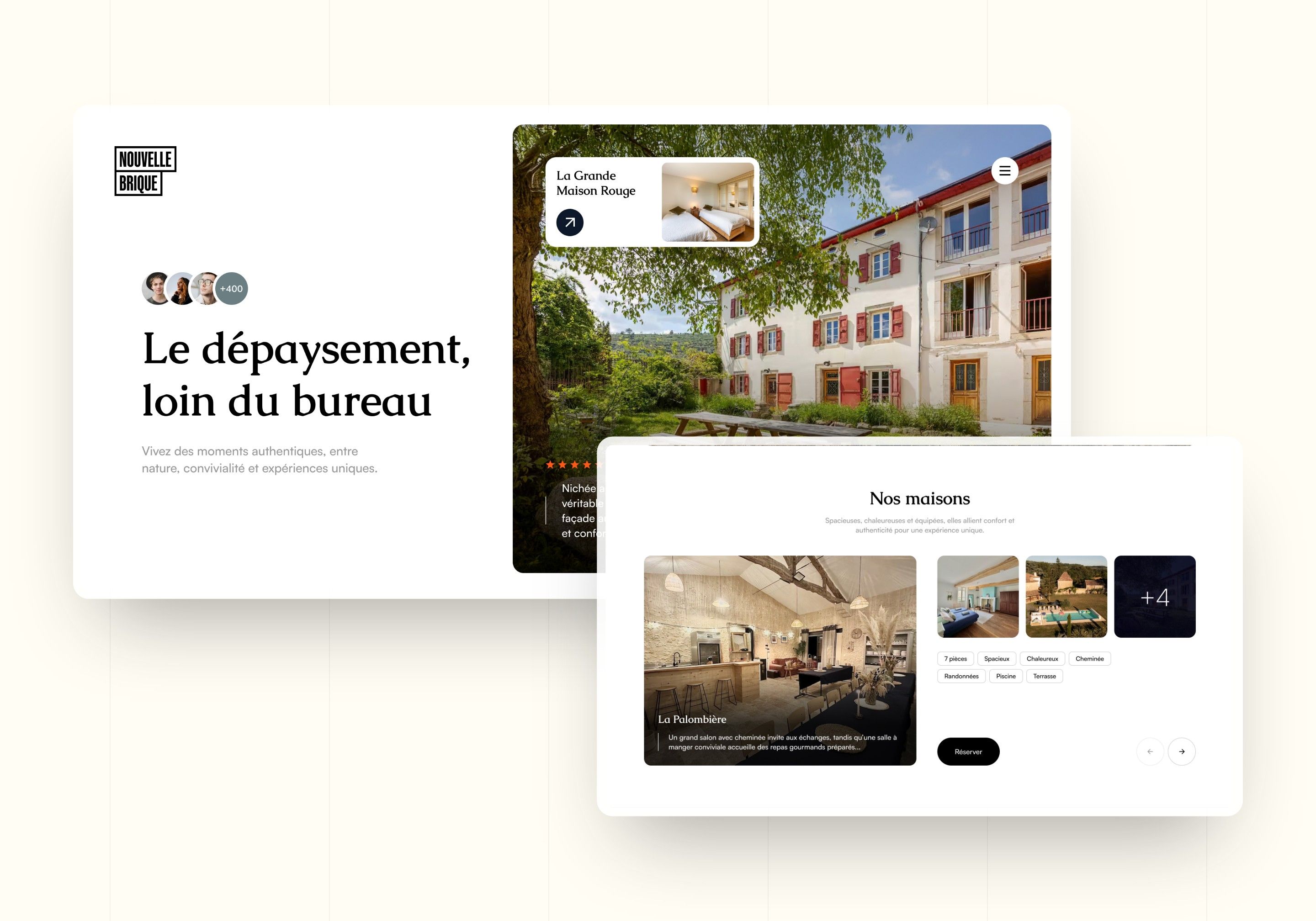Direction 1, Editorial: serif hero “A change of scene, far from the office” and the Our houses section
