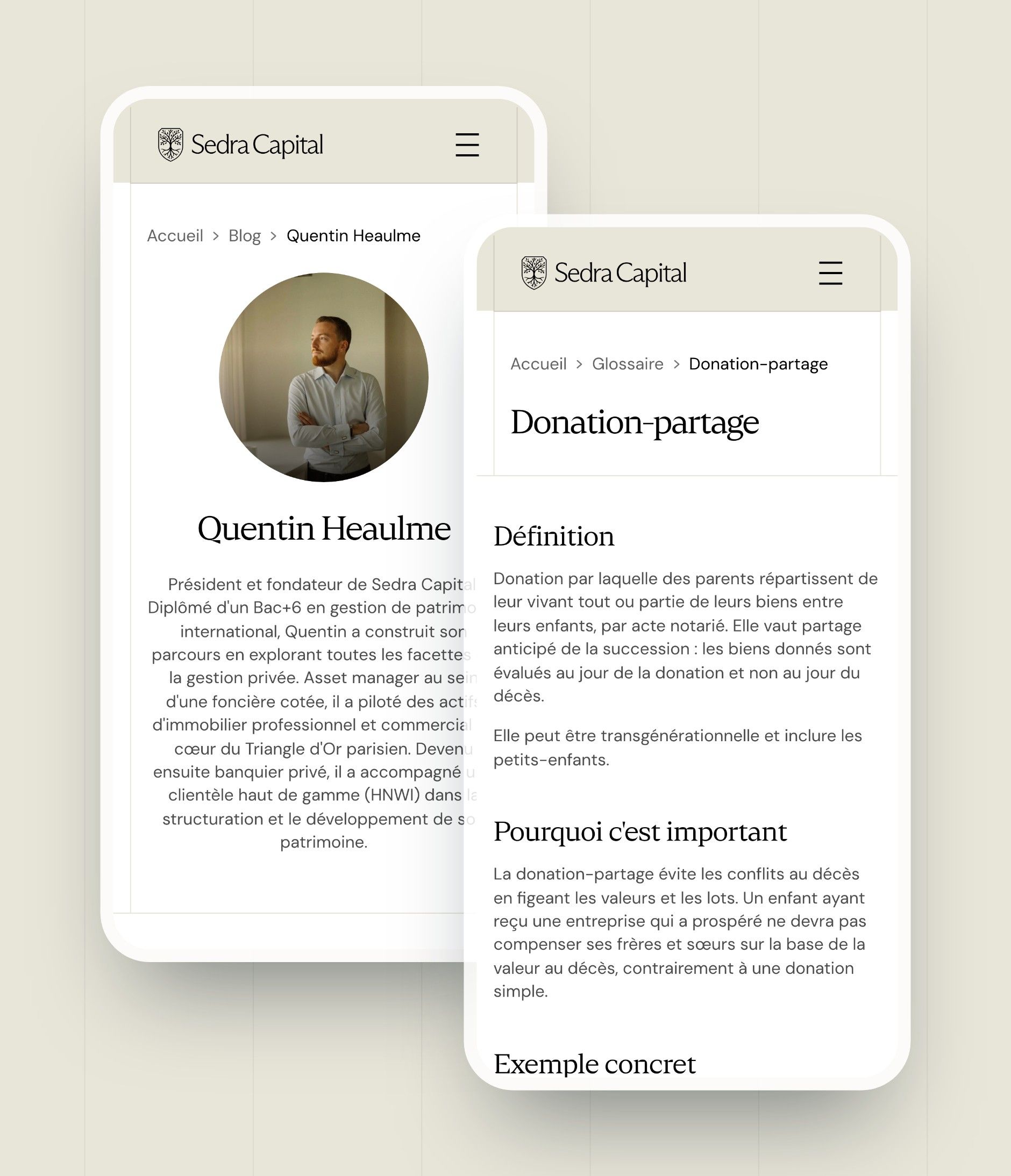 Author page of Quentin Heaulme and the Donation-partage definition on mobile