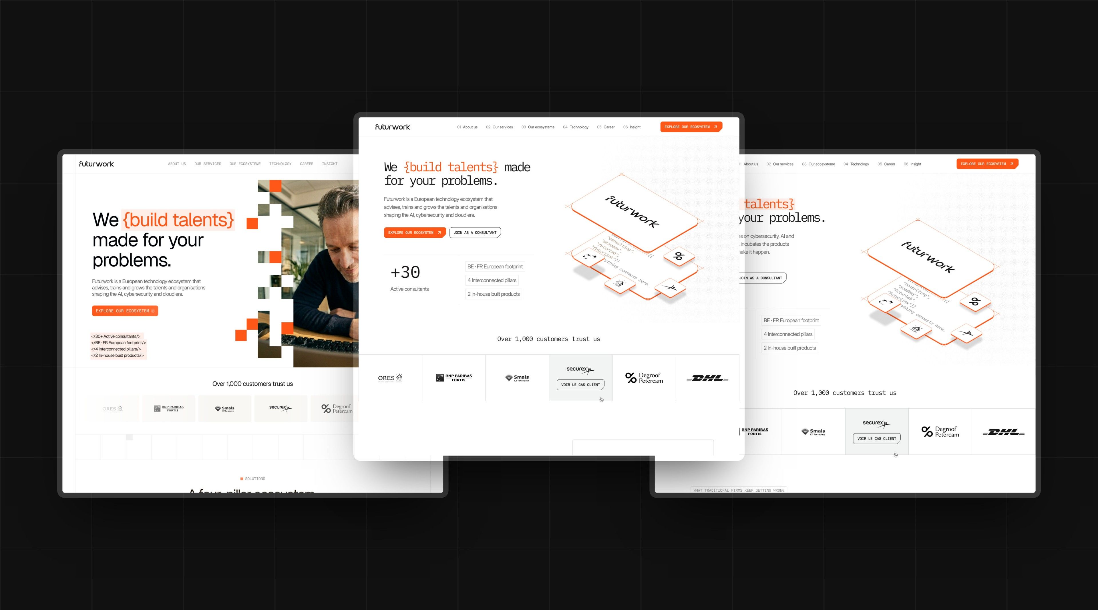 The home page directions explored for Futurwork, side by side on a black background