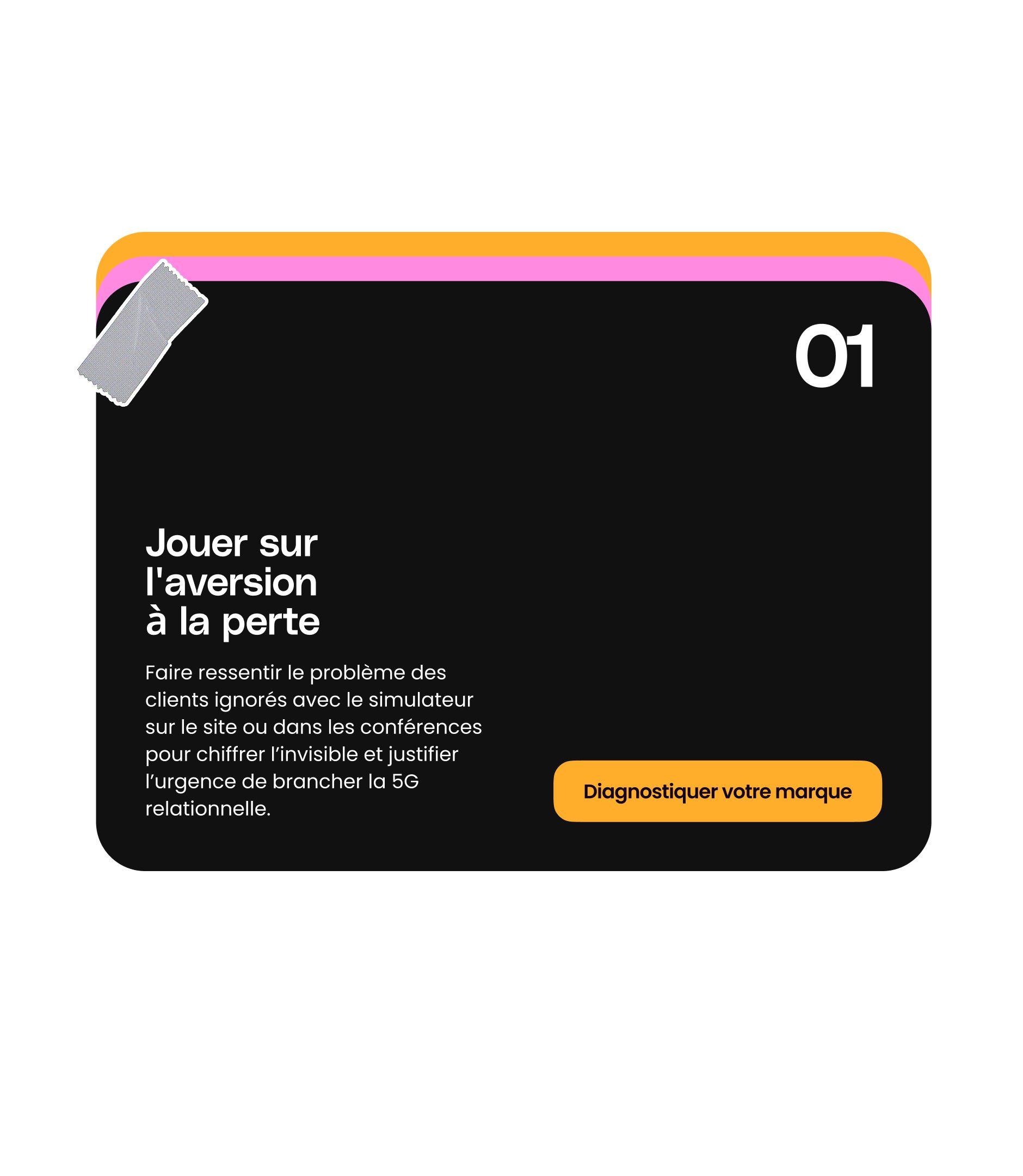 Carte noire « 01 Jouer sur l’aversion à la perte » du site Panache, bouton jaune « Diagnostiquer votre marque »