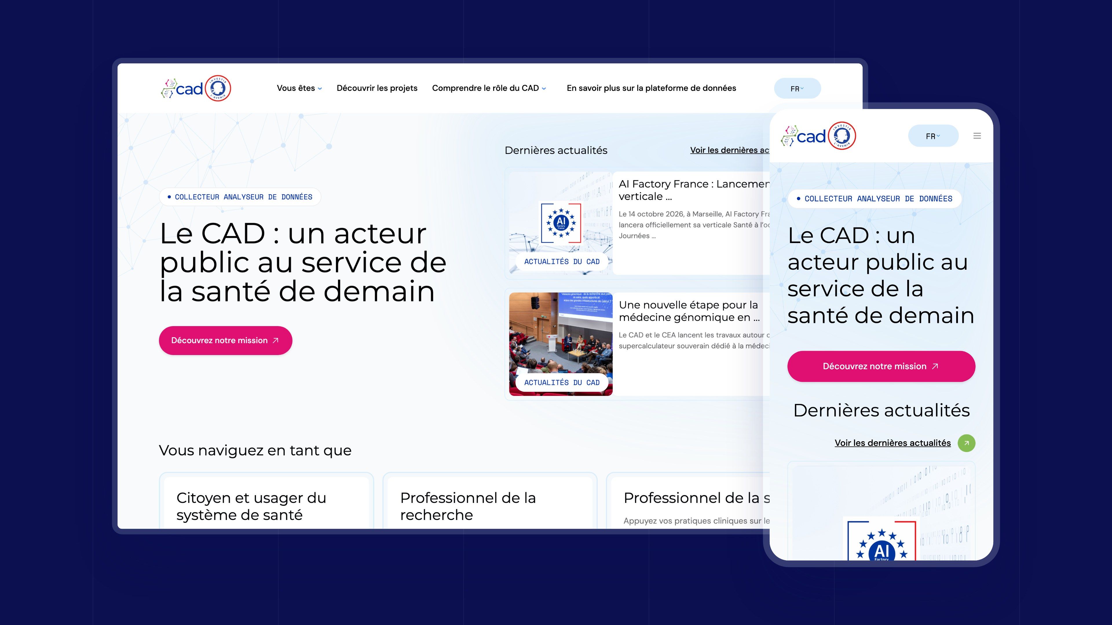 CAD home page on desktop and mobile, on a midnight blue background