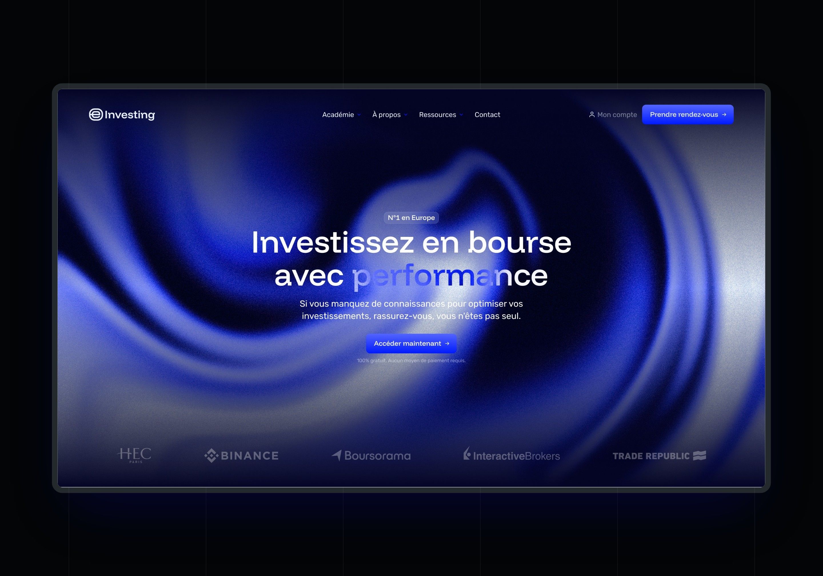 Direction 2, The wave: home page on a midnight blue background crossed by a wave of light