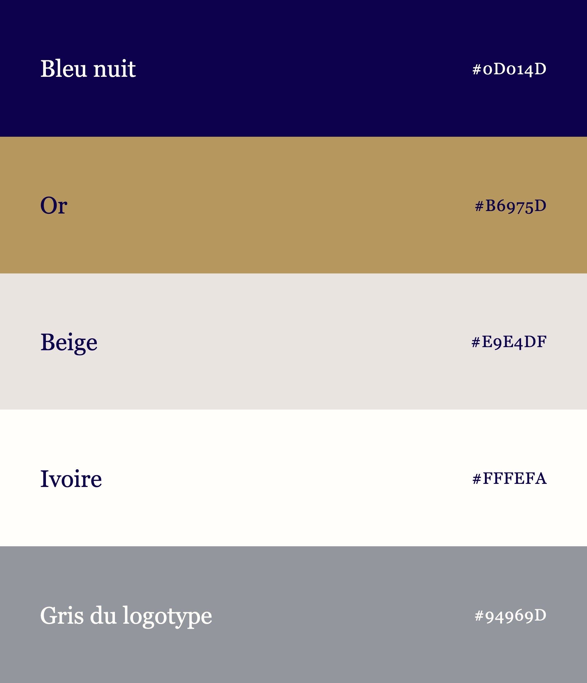 Cabinet IGC palette: midnight blue, gold, beige, ivory and the logotype's grey