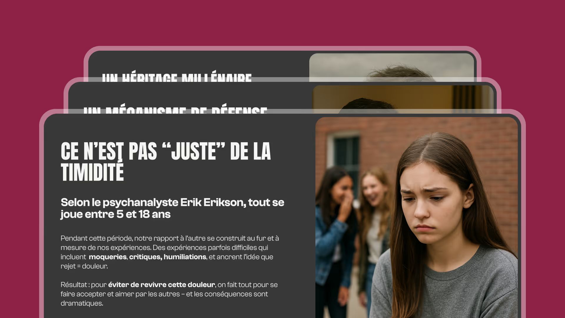 Stacked cards from a Paradox page, headline “Ce n'est pas juste de la timidité” and a sad teenage girl